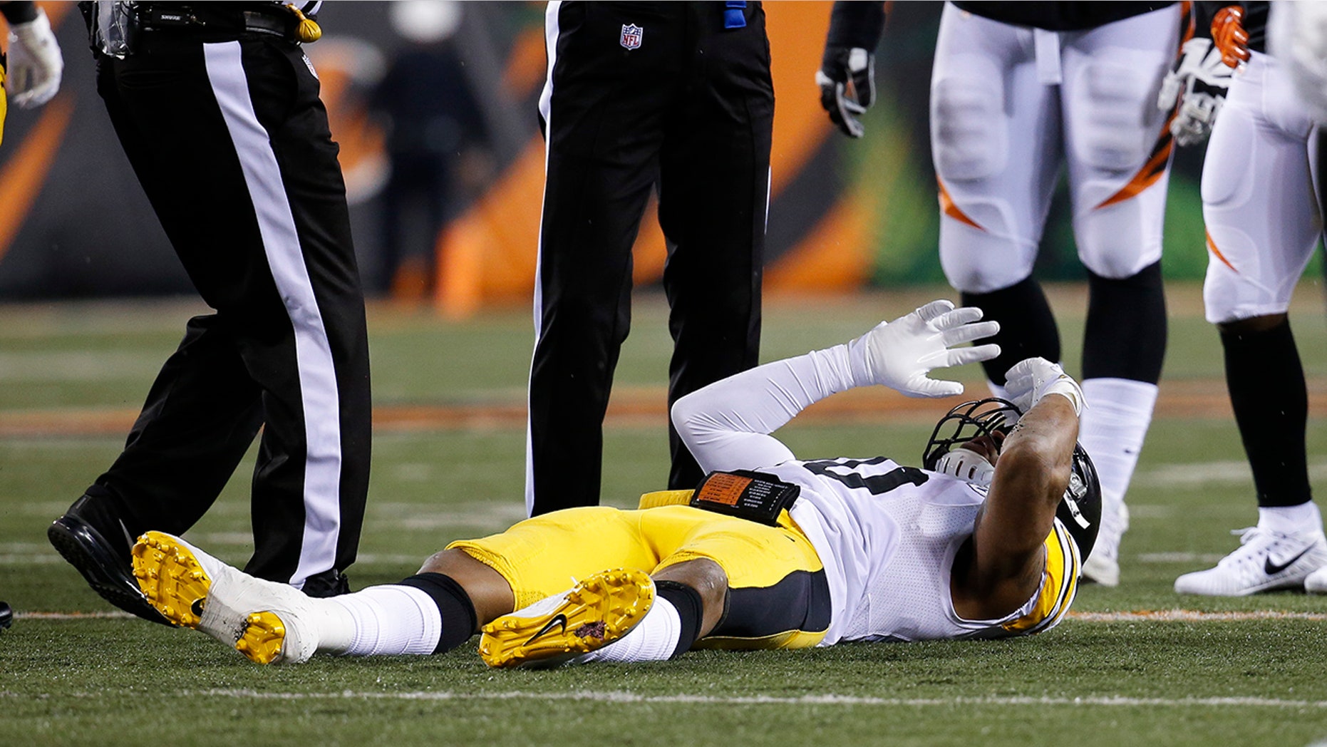Dec. 4, 2017: Pittsburgh Steelers inside linebacker Ryan Shazier lies on the field after an apparent injury in the first half of an NFL football game against the Cincinnati Bengals.
