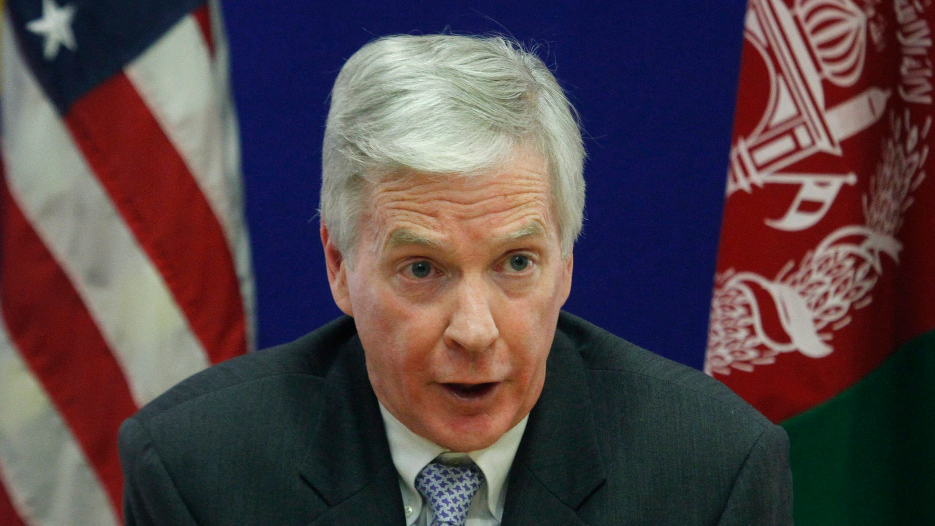 Dec. 10, 2011: U.S. ambassador to Afghanistan Ryan Crocker speaks during a press conference at the U.S. embassy in Kabul, Afghanistan. The U.S. ambassador to Afghanistan says he does not think this week's deadly suicide bombing at a Shiite shrine in Kabul will spark a sectarian war between religious faction.