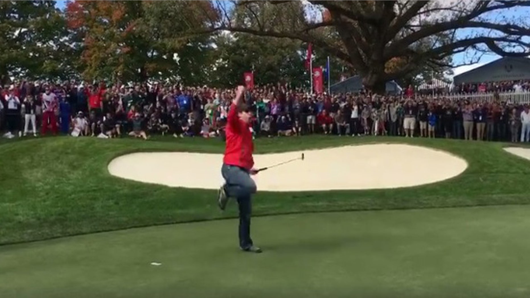 Sept. 29, 2016: David Johnson reacts after making a putt on the 6th hole during a practice round ahead of the Ryder Cup matches at Hazeltine National Golf Club in Chaska, Minn.