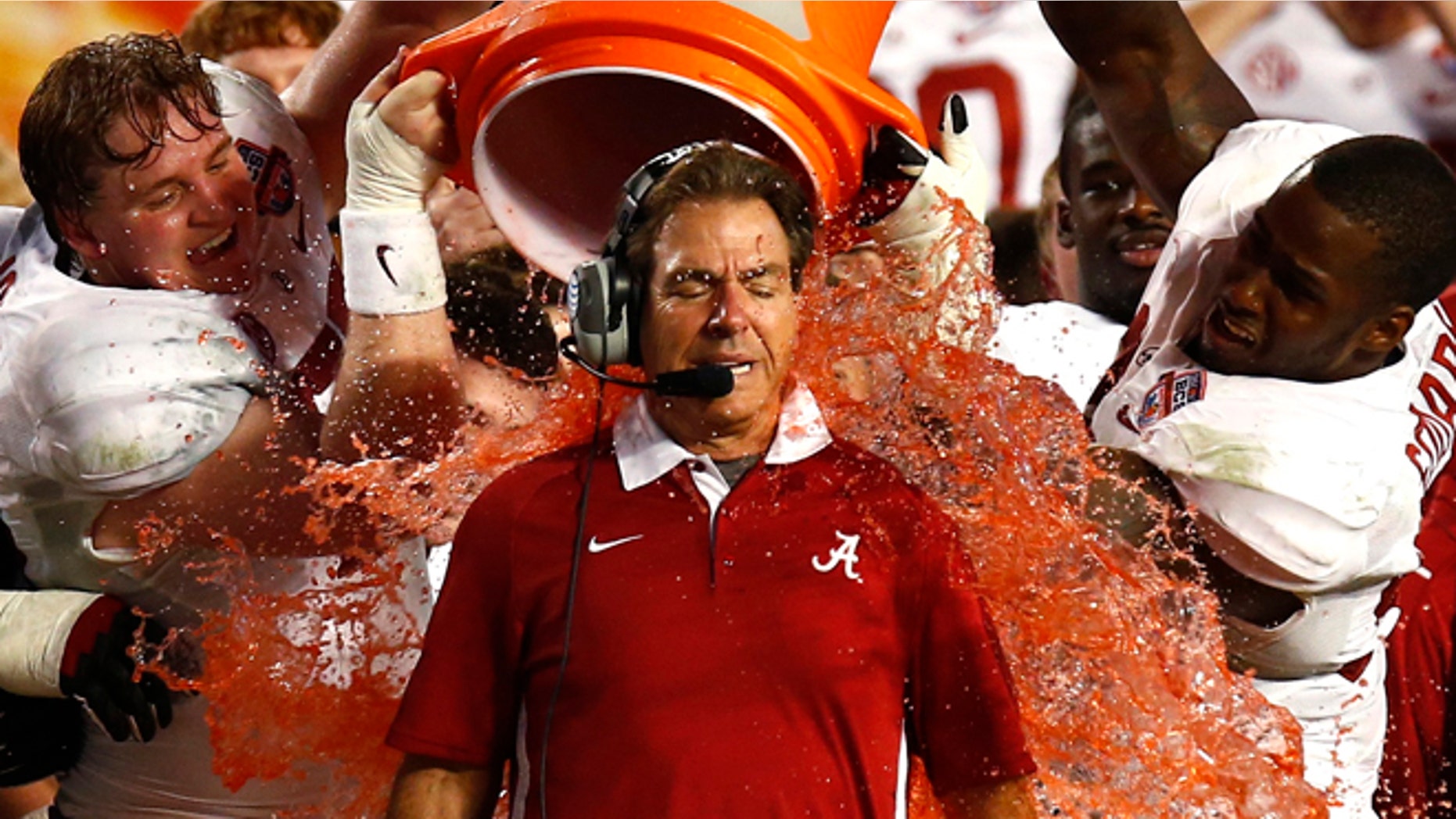 Nick Saban is doused with Gatorade after his team defeated the Notre Dame Fighting Irish.