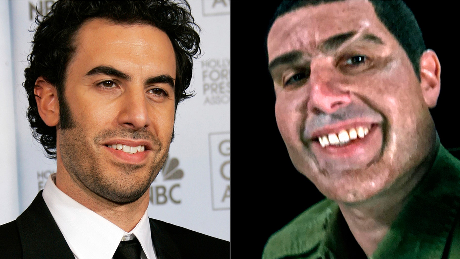 This combination photo shows Sacha Baron Cohen at the 64th Annual Golden Globe Awards in Beverly Hills, Calif., on Jan. 15, 2007, left, and Cohen portraying retired Israeli Colonel Erran Morad in a still from the Showtime series, "Who Is America?"