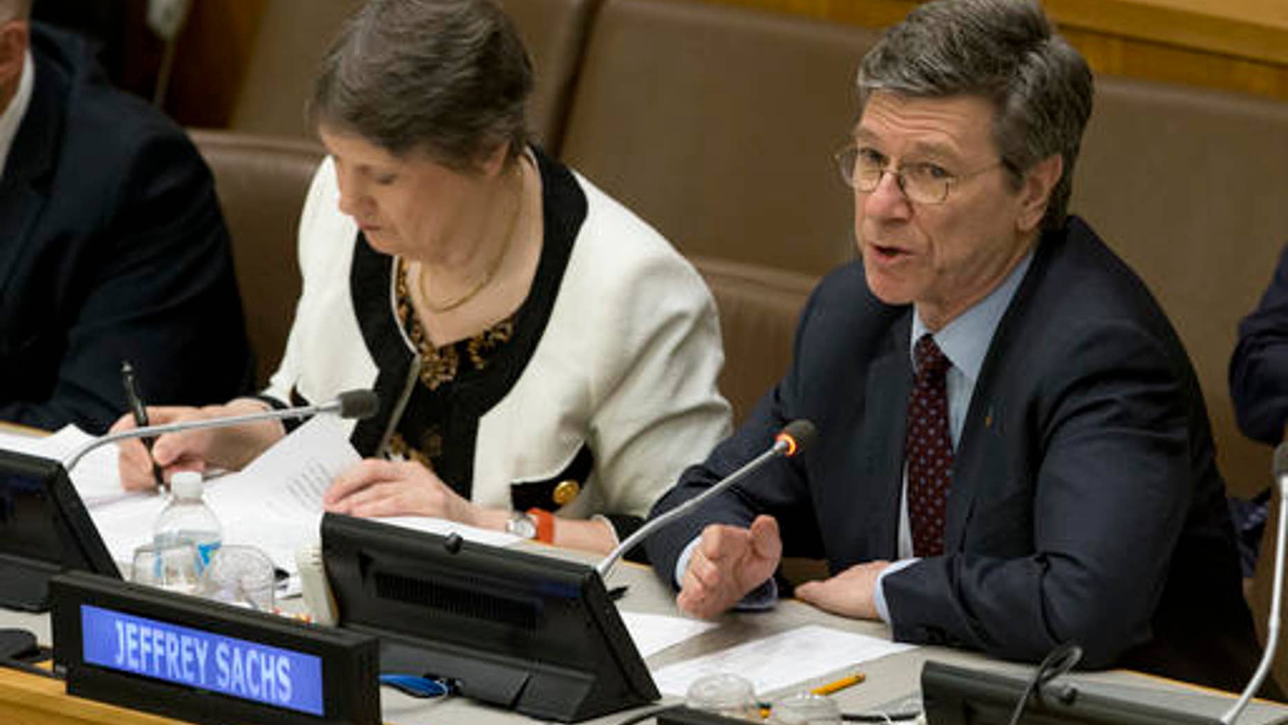 Earth Institute at Columbia University Director Jeffrey Sachs speaks during a high level meeting on the Implementation of the Climate and Development Agendas, April 22, 2016, at U.N. headquarters. (AP Photo/Mary Altaffer)