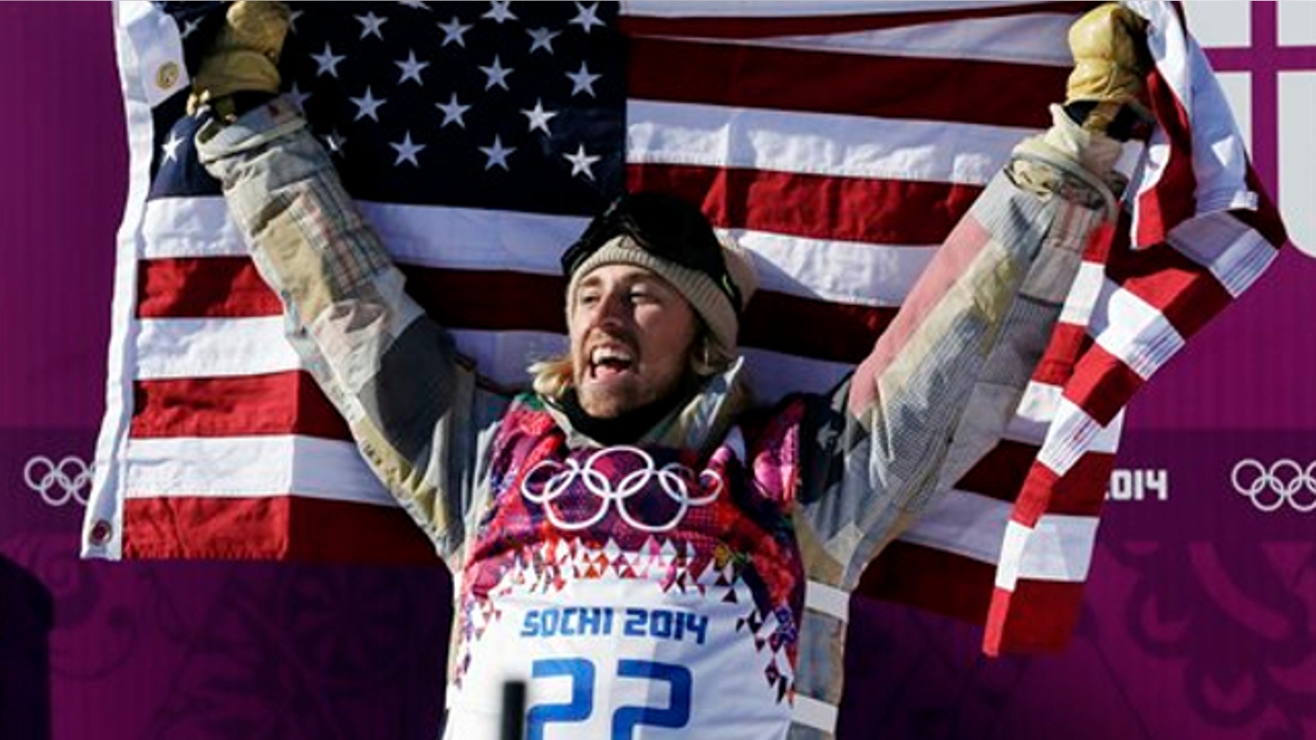 Feb. 8, 2014: United States' Sage Kotsenburg celebrates after winning the men's snowboard slopestyle final at the Rosa Khutor Extreme Park, at the 2014 Winter Olympics, in Krasnaya Polyana, Russia.