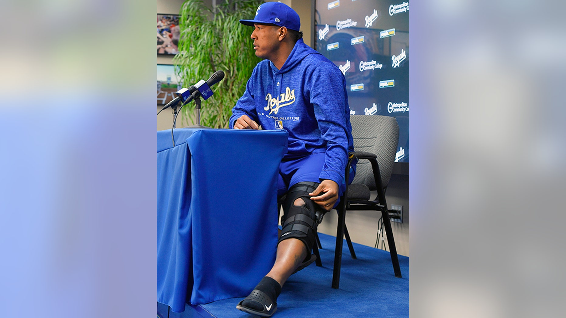 Kansas City Royals catcher Salvador Perez talks to the media Wednesday about his knee injury.