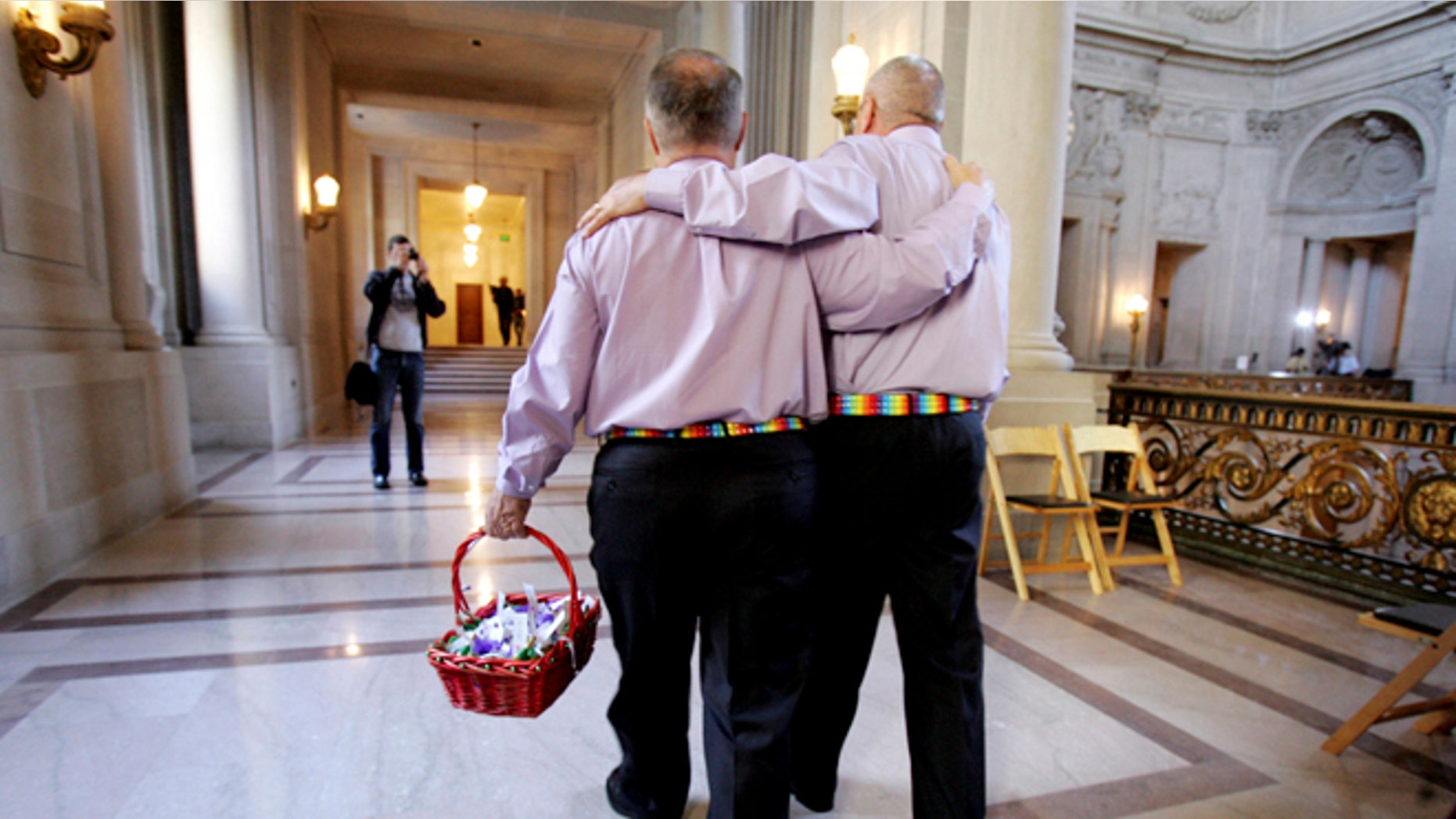 FILE 2008: A male couple inside San Francisco City Hall as they prepare to get married. San Francisco, Calif.