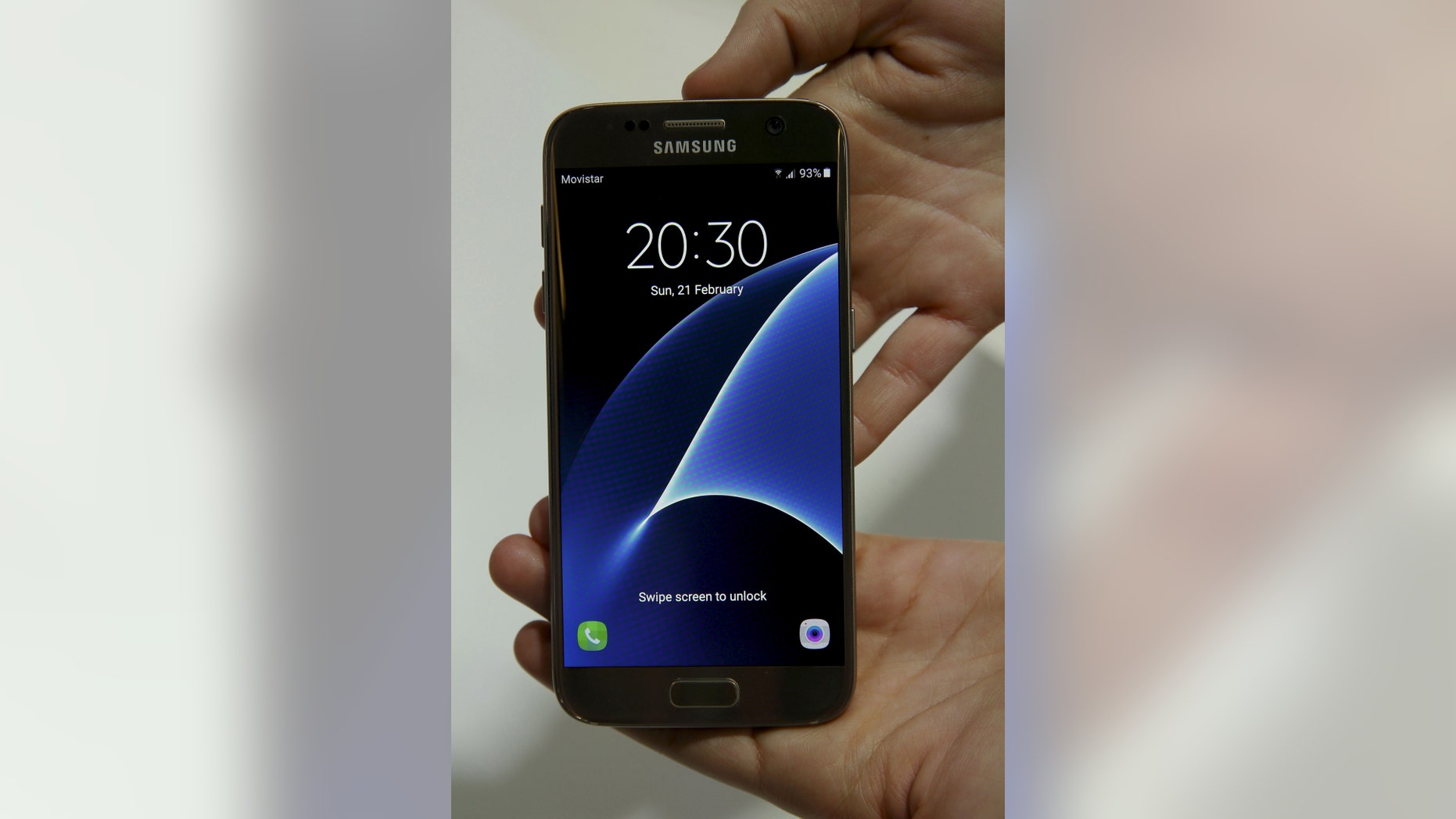 The new Samsung S7 smartphone is displayed after its unveiling ceremony at the Mobile World Congress in Barcelona, Spain, Feb. 21, 2016. (REUTERS/Albert Gea)