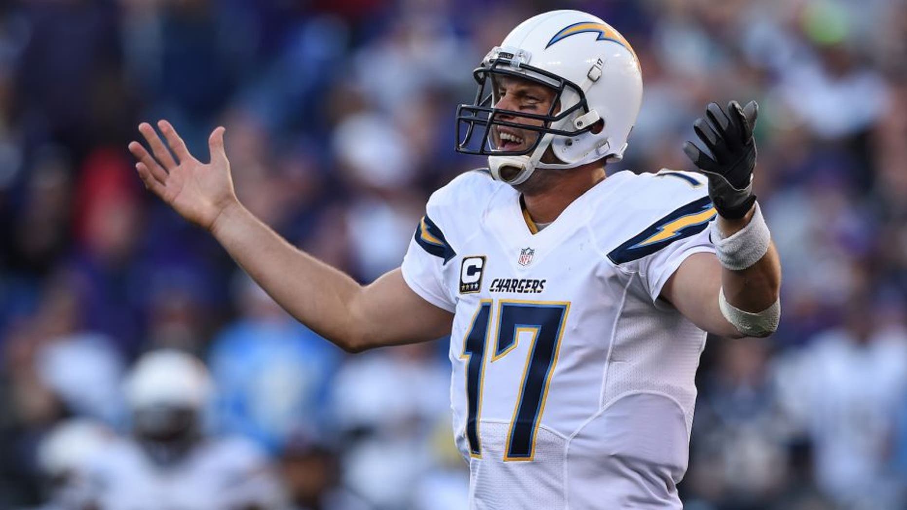 BALTIMORE, MD - NOVEMBER 30: Quarterback Philip Rivers #17 of the San Diego Chargers reacts to a call against the Baltimore Ravens in the second half at M&T Bank Stadium on November 30, 2014 in Baltimore, Maryland. The San Diego Chargers won, 34-33. (Photo by Patrick Smith/Getty Images)