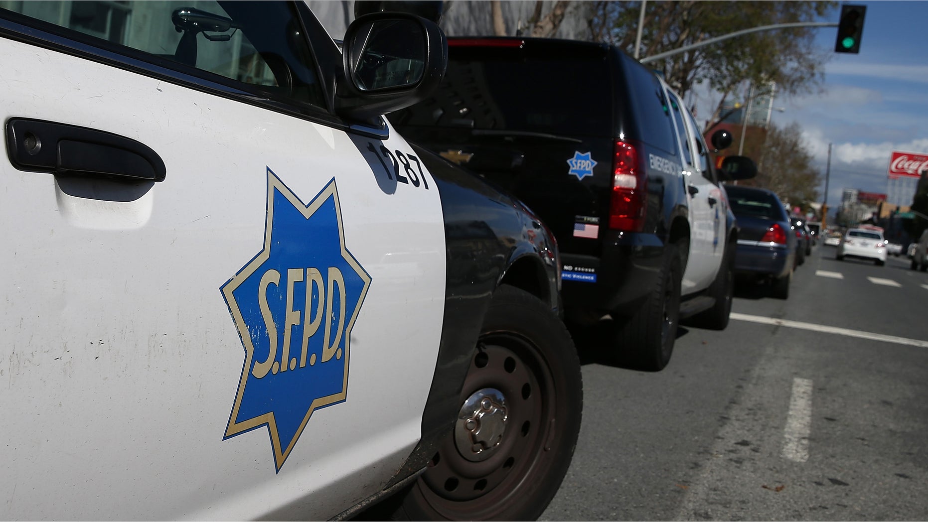 San Francisco police cars in front of the Hall of Justice on February 27, 2014.