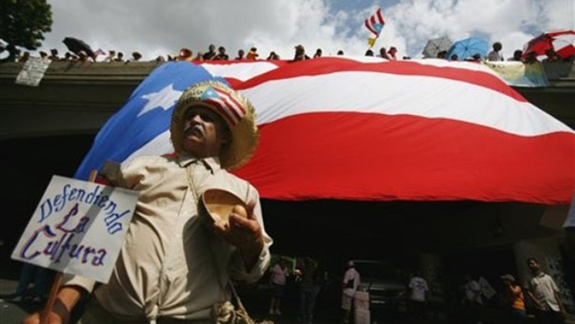 A demonstrator marches under a Puerto Rican flag in San Juan Oct. 15, 2009. (AP Photo)