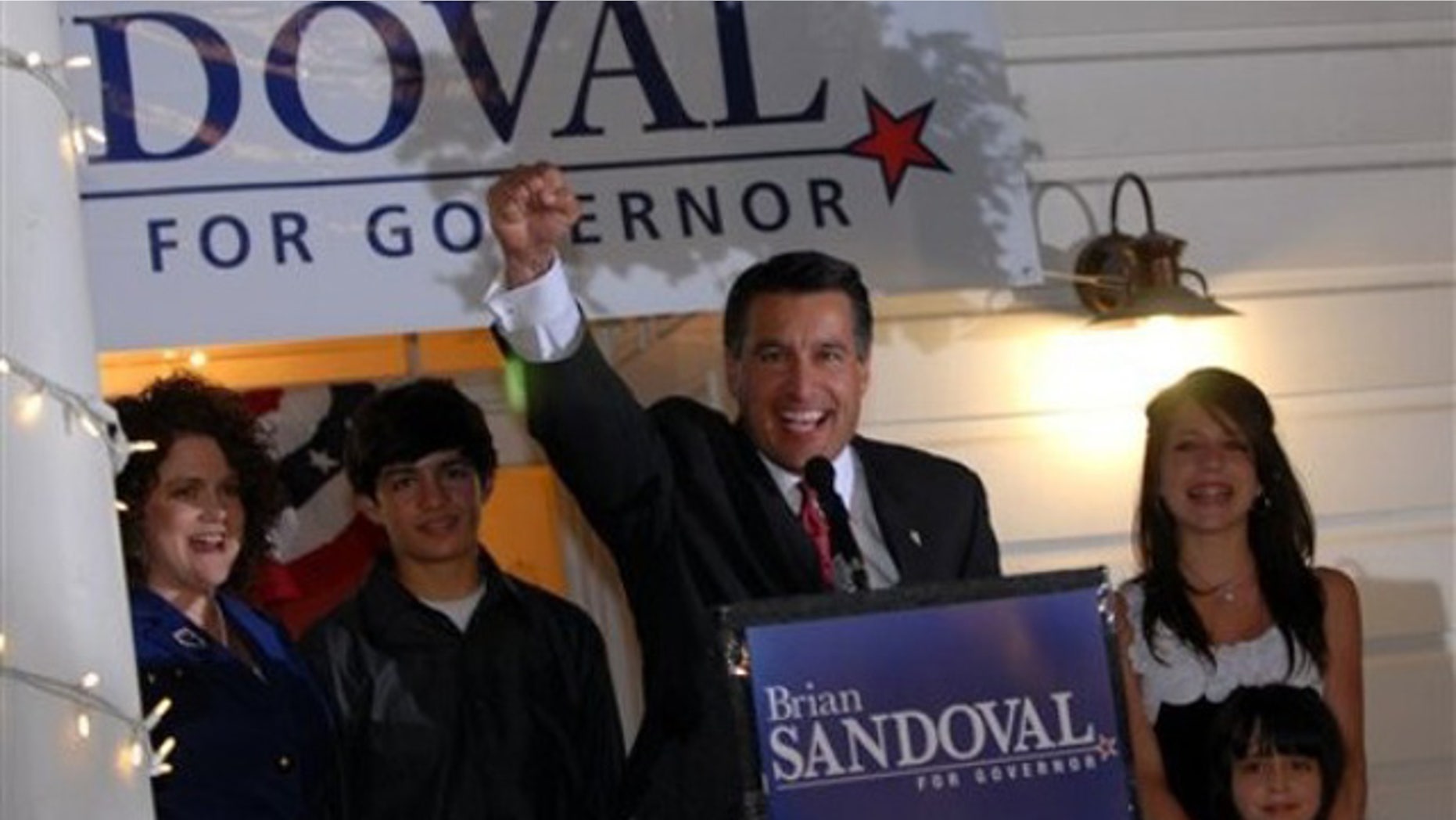 Nevada gubernatorial candidate Brian Sandoval celebrates his victory over incumbent Gov. Jim Gibbons in the GOP primary at the Garden Shop Nursery in Reno, Nev., June 8. (AP Photo)