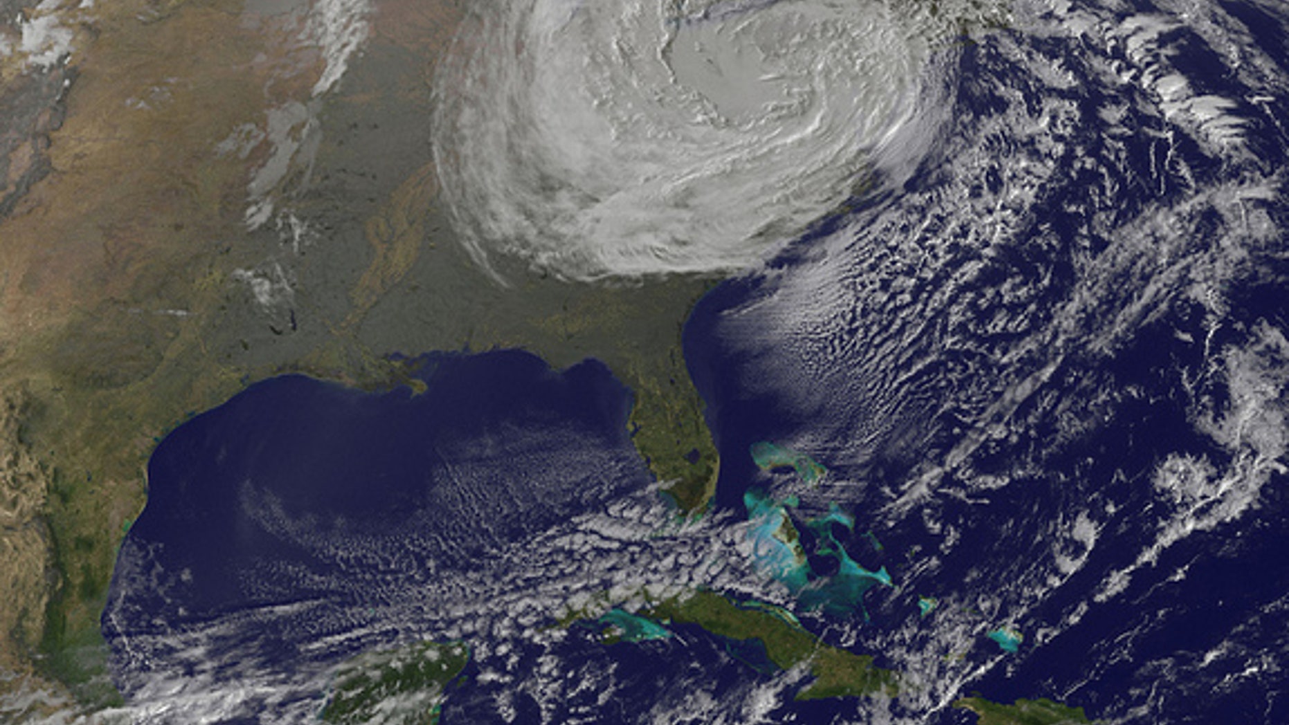 NOAA GOES-13 image of Sandy at 6:02 a.m. EDT Tuesday (Oct. 30).