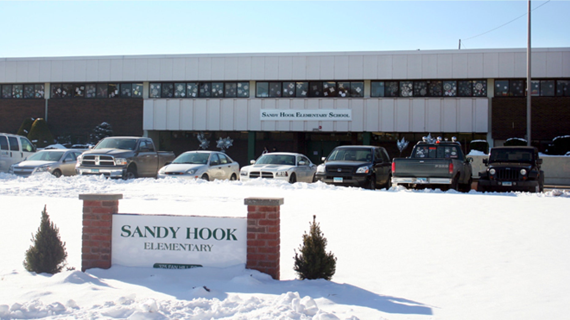 Jan. 3, 2013: This photo provided by the Monroe Police Department shows the new Sandy Hook Elementary School on the first day of classes in Monroe, Conn.