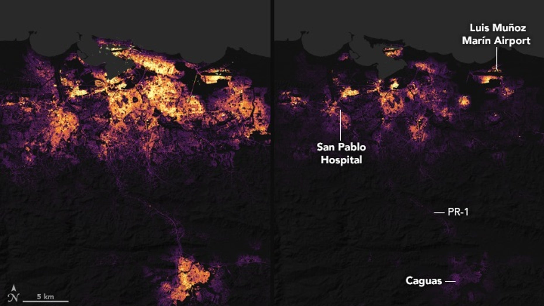 These nighttime satellite images show Puerto Rico's largest city, San Juan, before and after Hurricane Maria made landfall on Sept. 20. The images capture areas where residents have lost power; emergency responders can use the pictures.