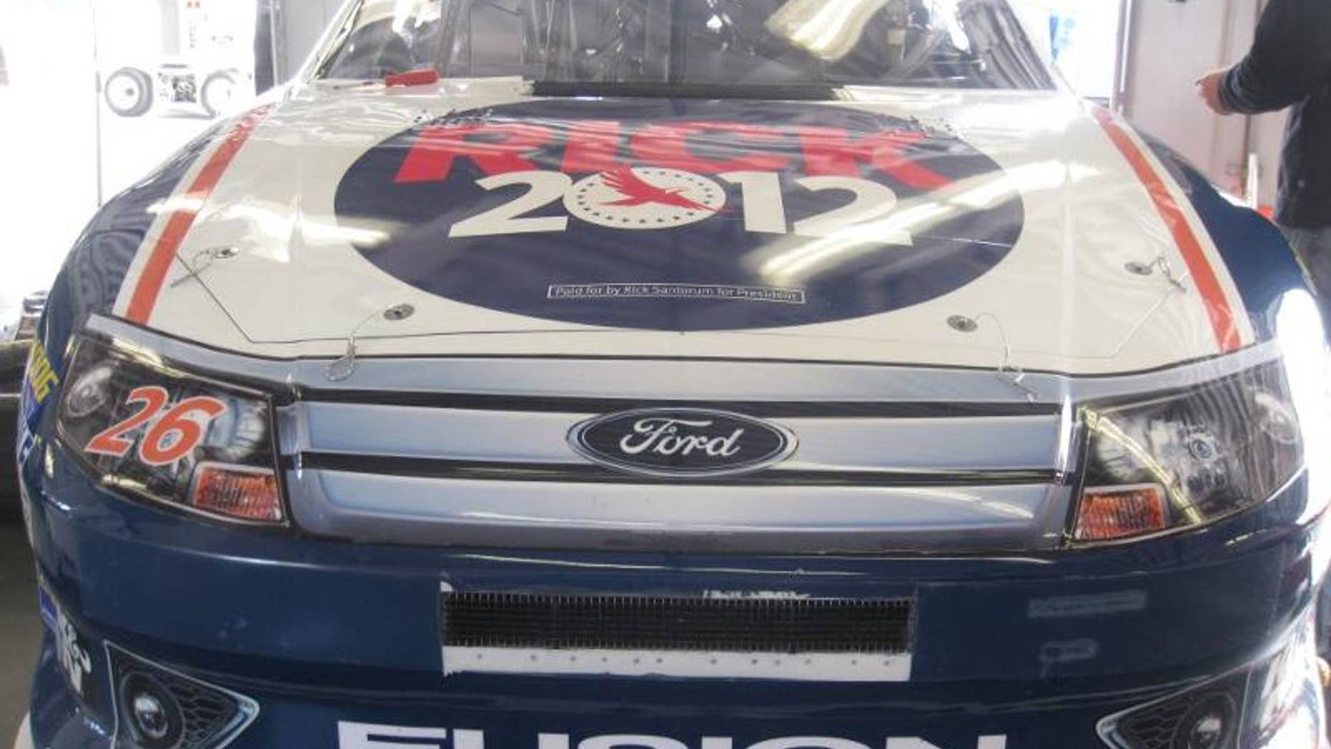 Front Row Motorsports' No. 26 Ford Fusion driven by Tony Raines was sponsored in Sunday's Daytona 500 by presidential candidate Rick Santorum.