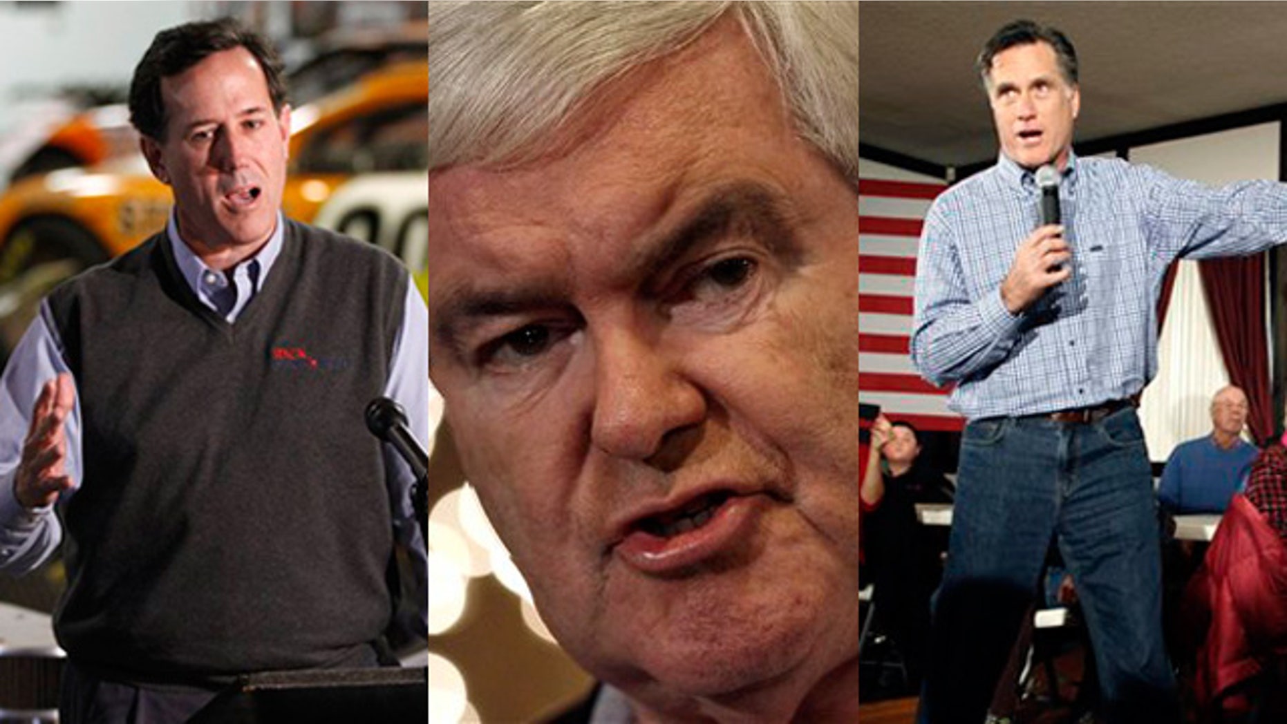Shown here are Rick Santorum, left, Newt Gingrich, center, and Mitt Romney.