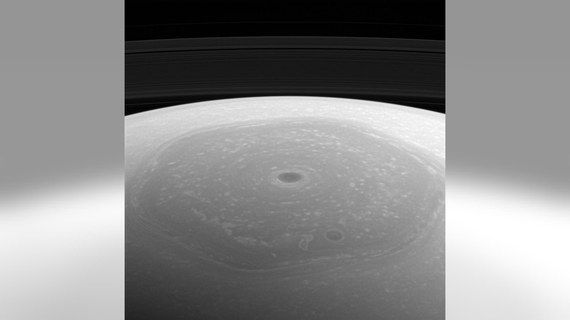 NASA's Cassini spacecraft captured this photo of Saturn's north polar vortex and hexagon on April 25, 2017, when the probe was about 274,000 miles (441,000 kilometers) from the ringed planet.