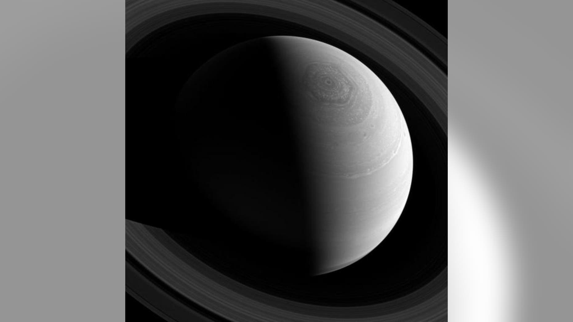 Saturn's odd hexagonal jet stream swirls in this amazing photo taken by the Cassini spacecraft. Image released Feb. 3, 2014.