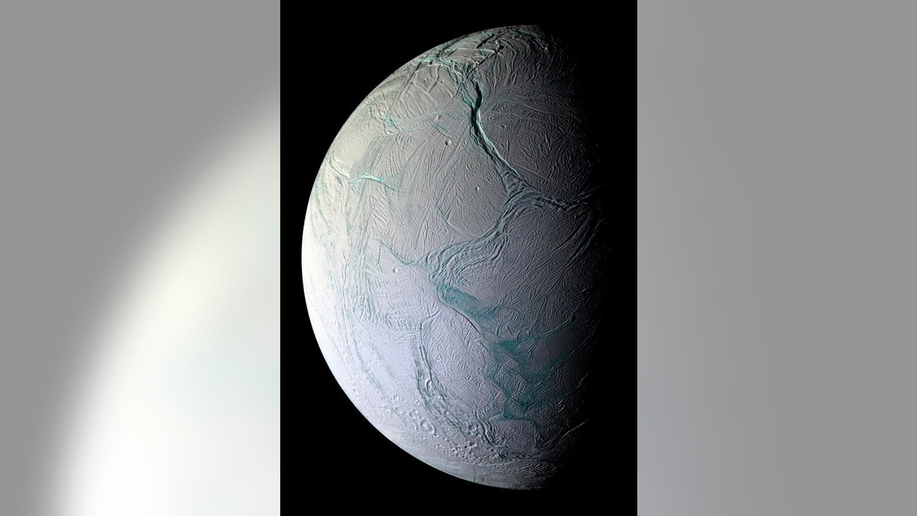 This image of the geyser-spewing Saturn moon Enceladus was taken on Oct. 5, 2008 by NASA’s Cassini spacecraft.