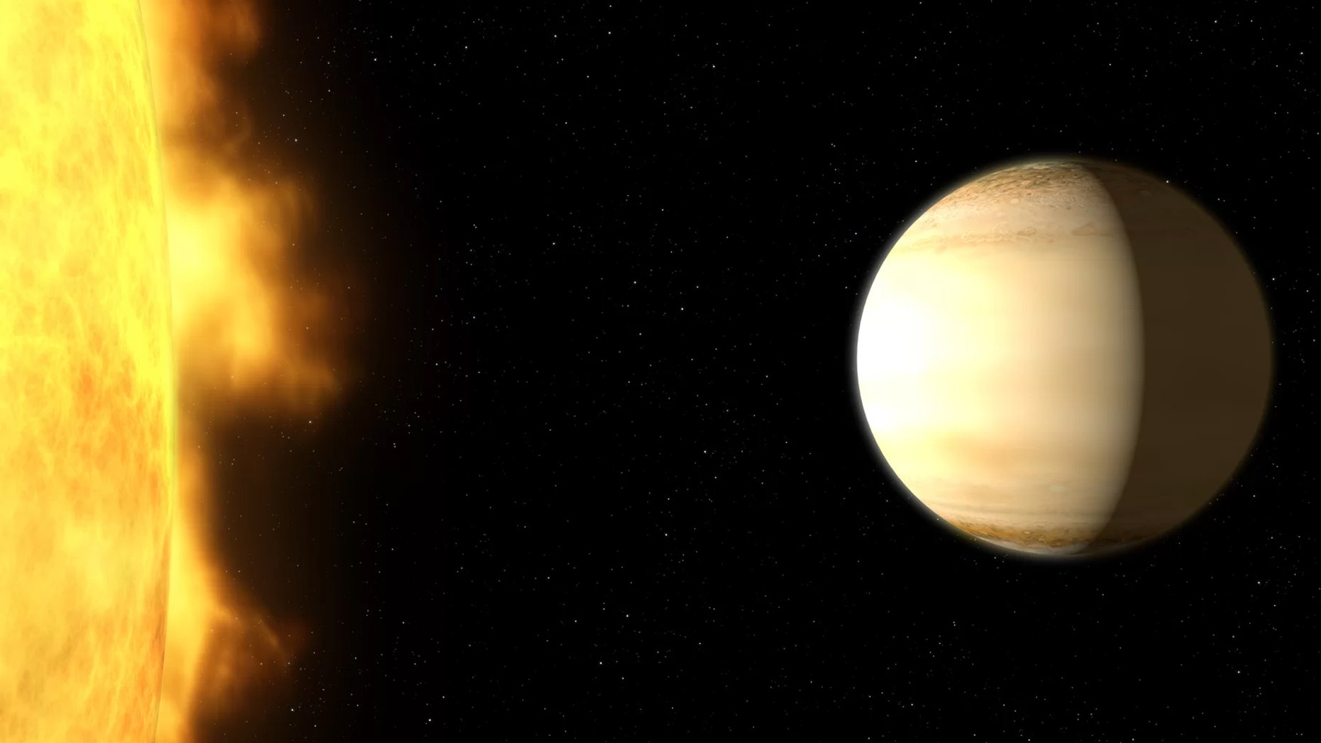 The Saturn-size planet WASP-39b orbits close to its parent star about 700 light-years from Earth. New research reveals a surprising amount of water in its atmosphere. Credit: G. Bacon (STScI)/NASA/ESA