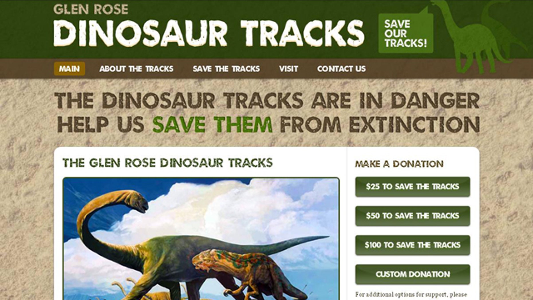 A screenshot of the website for the Glen Rose Dinosaur tracks offers information on the find and how visitors can help protect the ancient footsteps.