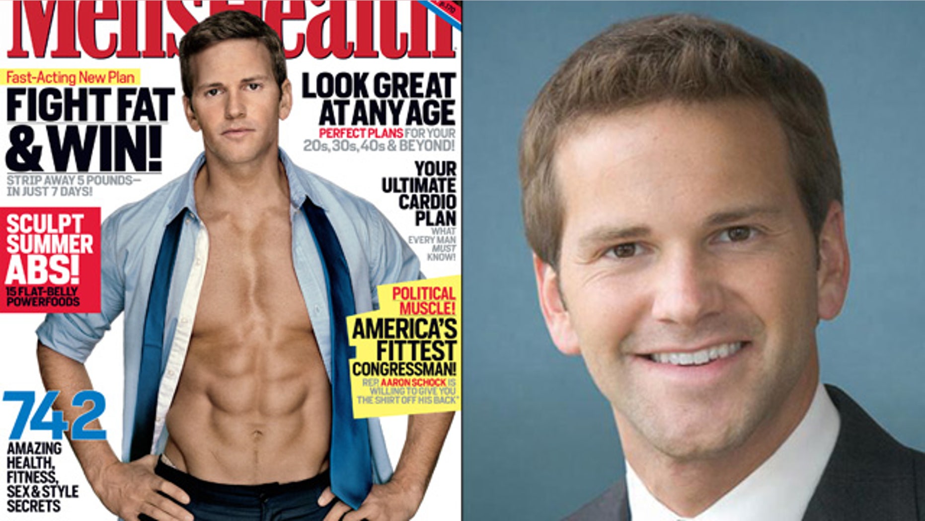 Shown here is Rep. Aaron Schock, in his official photo and on the cover of Men's Health magazine in 2011.