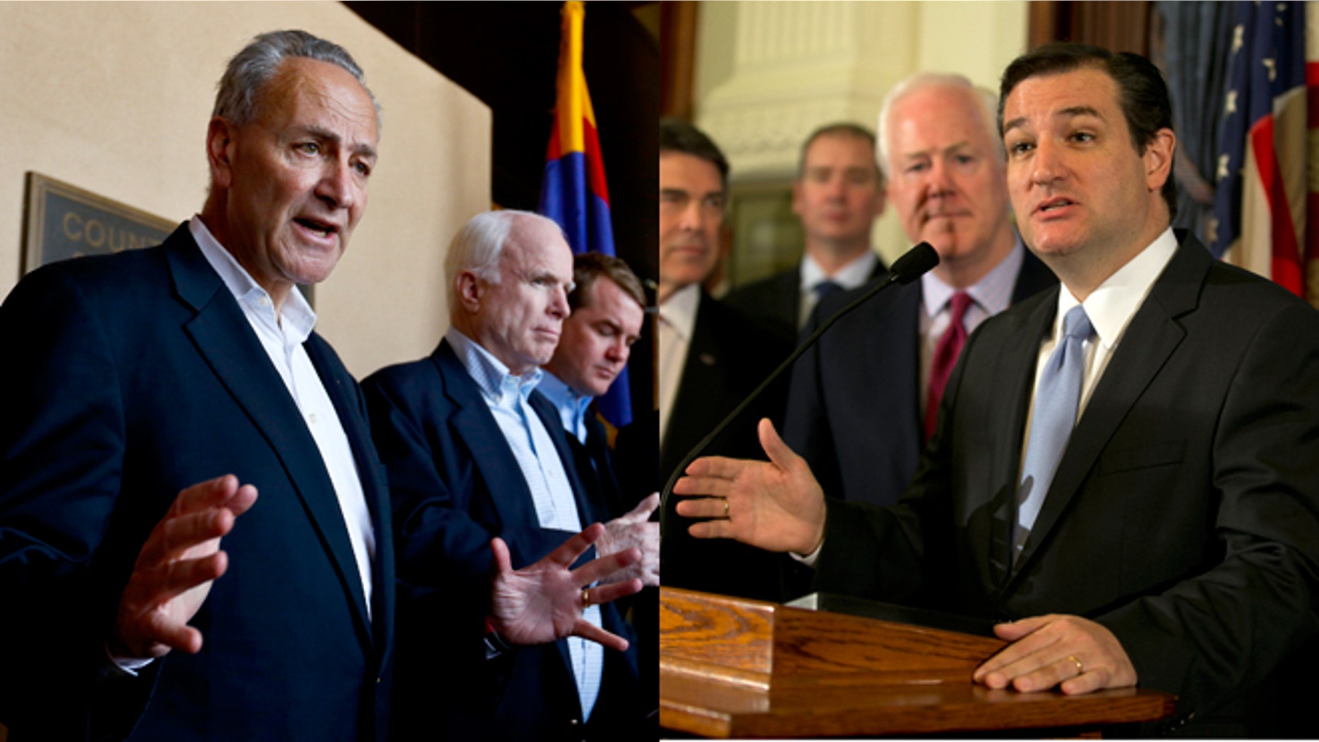 Shown here are Sens. Chuck Schumer, D-N.Y., left, and Ted Cruz, R-Texas.
