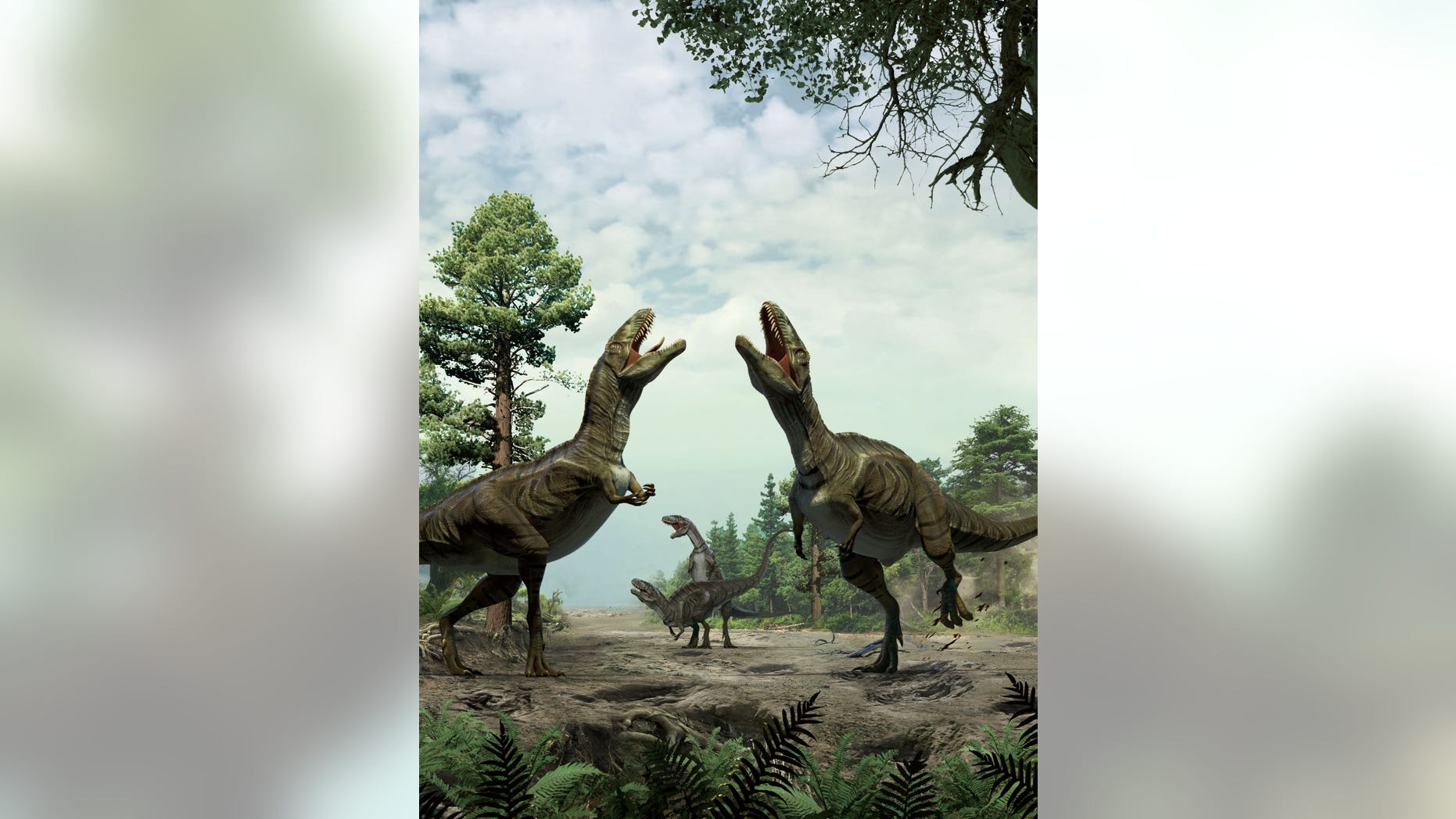 Reconstruction of theropods engaged in scrape ceremony display activity, based on trace fossil evidence from Colorado. (Xing Lida and Yujiang Han)