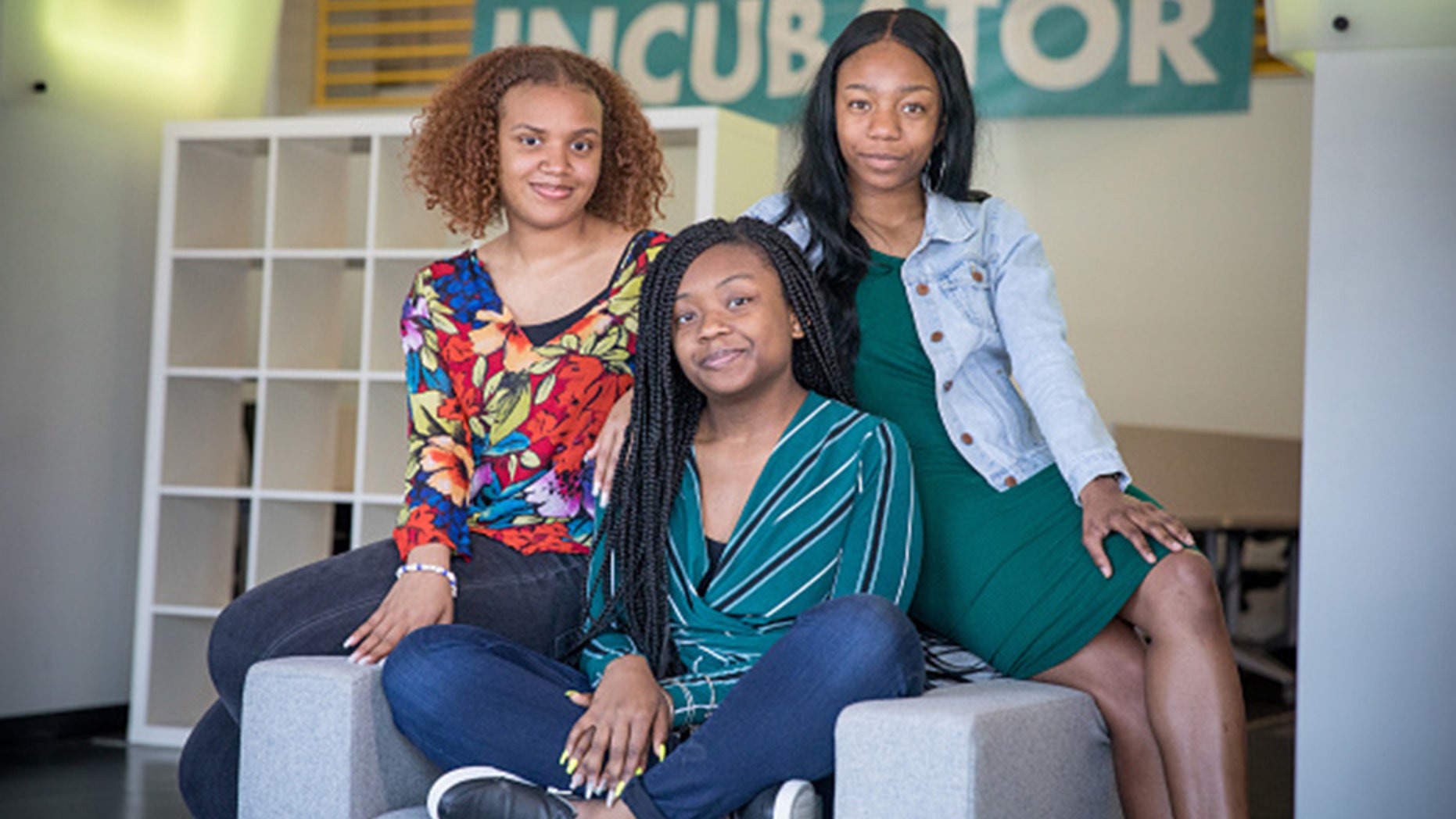 WASHINGTON,DC-MAY1: (L-R) India Skinner, Mikayla Sharrieff, and Bria Snell, 11th graders from Banneker High School in Washington, DC, are finalists in a NASA youth science competition. They are the only team of all-black students. Their successes have been getting a lot of attention among black figures on social media. (Photo by Evelyn Hockstein/For The Washington Post via Getty Images)