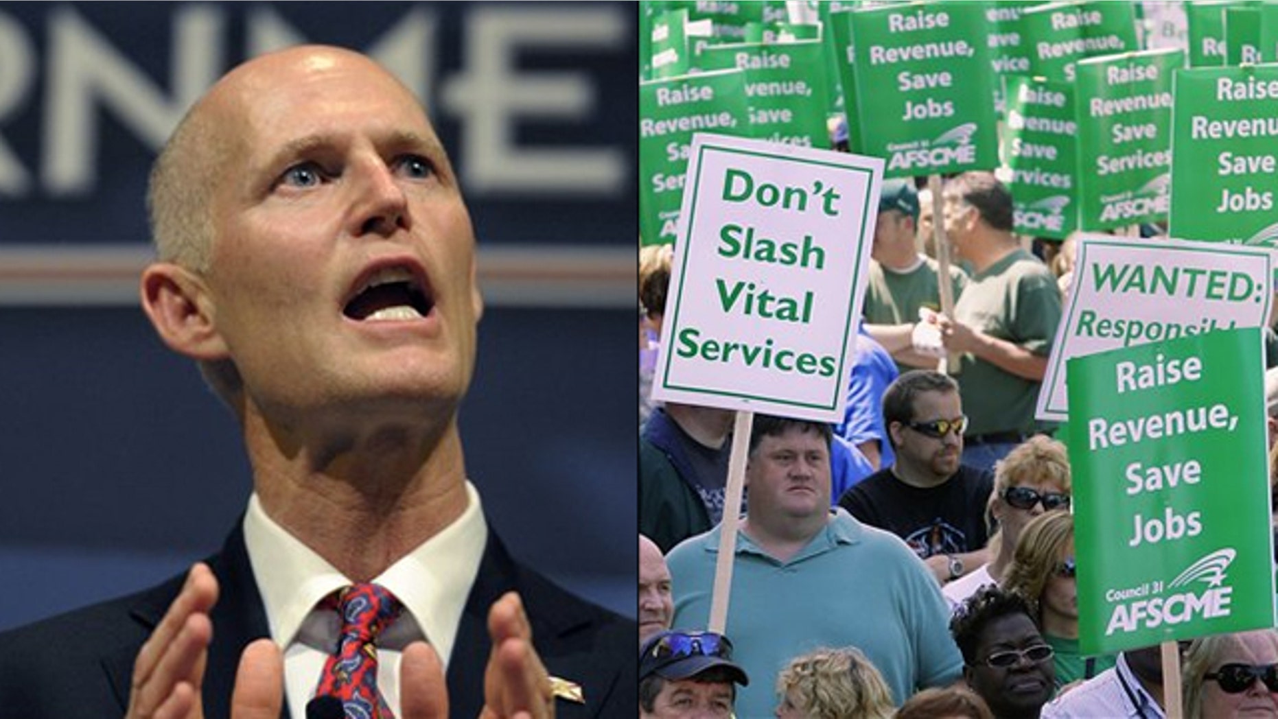At left, Florida Gov. Rick Scott speaks at a Tea Party event in Eustis, Fla., Feb. 7. At right, Illinois state workers and union members rally in Springfield, Ill., to protest budget cuts in April 2010.