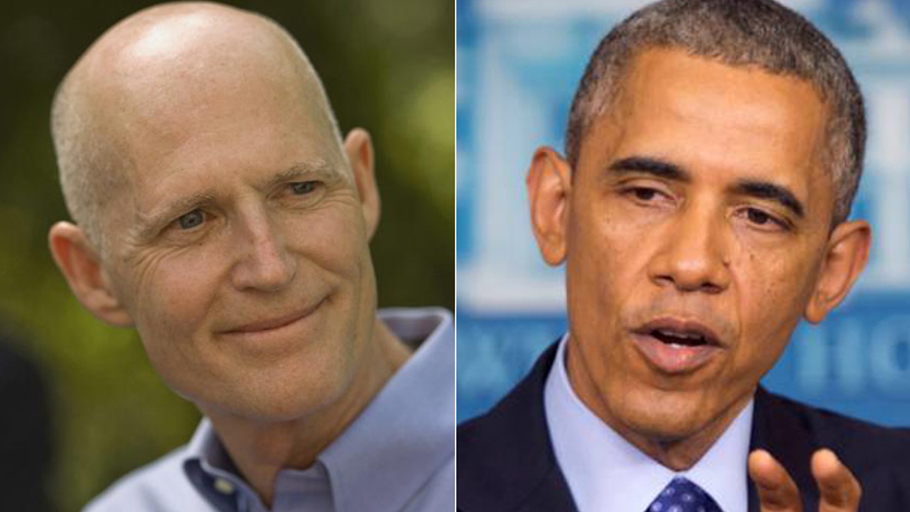 Florida Gov. Rick Scott, (l.), and President Obama have clashed over environmental policy, but won't be anywhere near each other on Wednesday, when the president gives an Earth Day address. (AP)