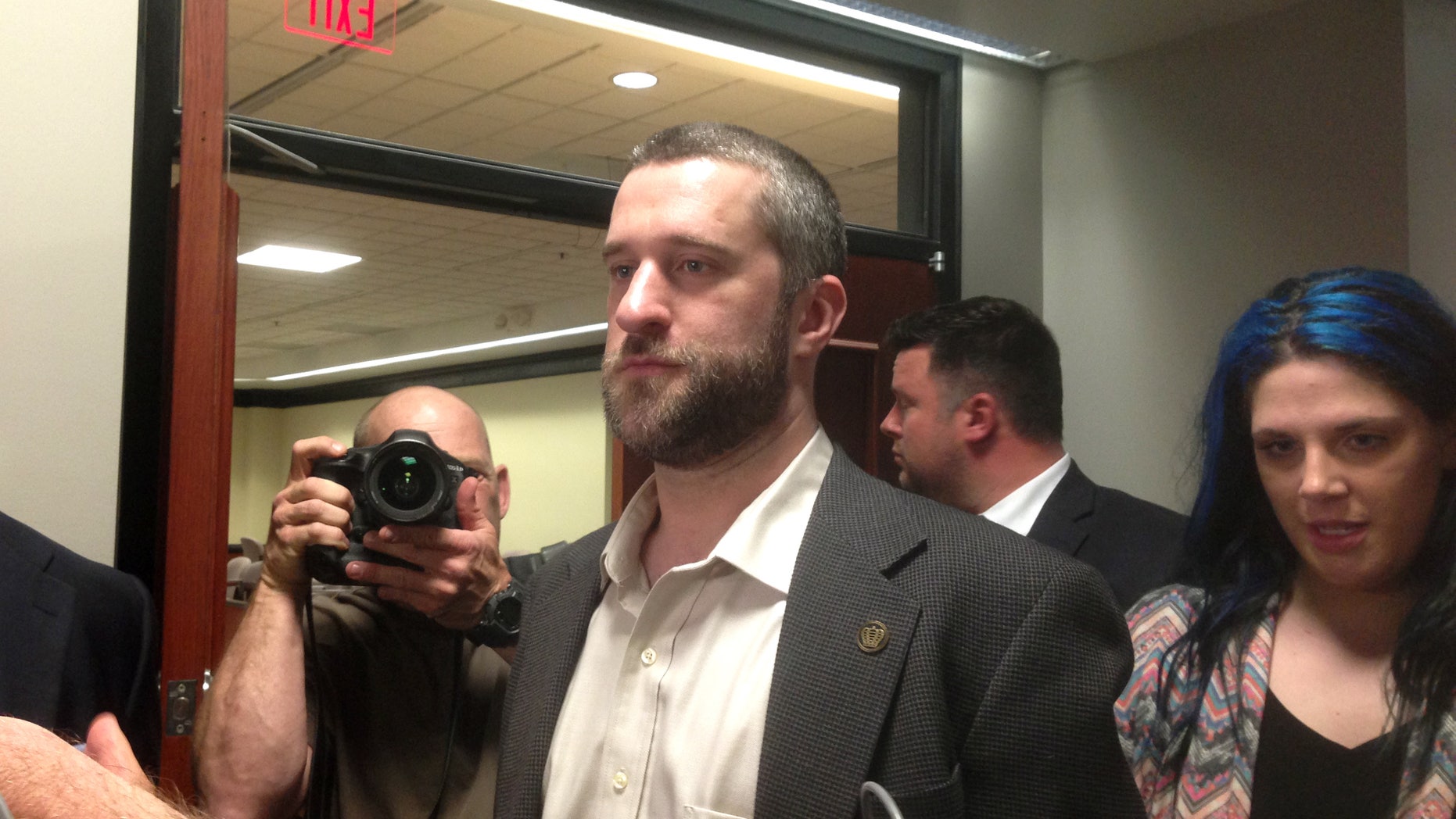 May 29, 2015. Dustin Diamond, center, leaves court in Port Washington, Wisc., after being convicted of two misdemeanors stemming from a barroom fight on Christmas Day 2014.