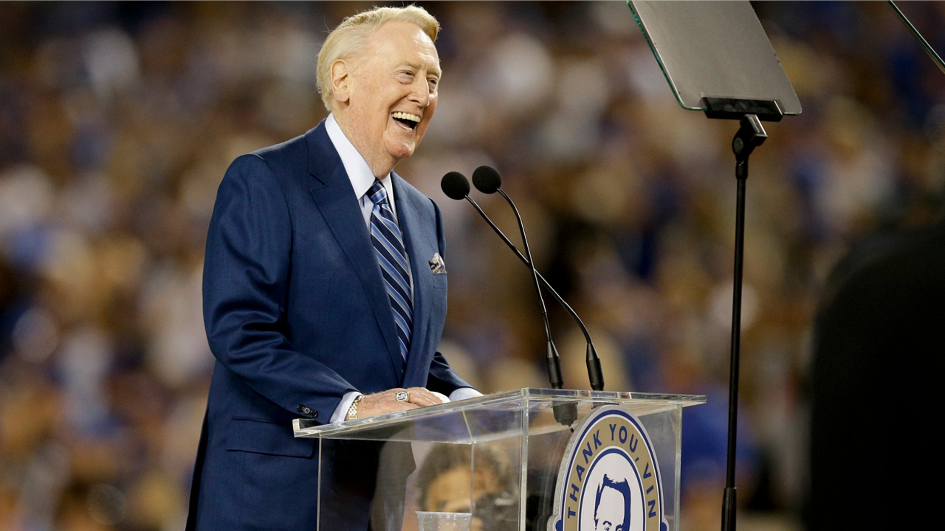 Sept. 23, 2016: Los Angeles Dodgers broadcaster Vin Scully speaks during Vin Scully Appreciation Day before the team's baseball game against the Colorado Rockies in Los Angeles