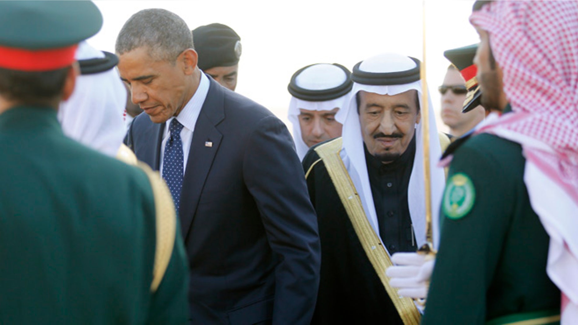 Jan 27: President Obama is greeted by Saudi Arabia's King Salman as he arrives at King Khalid International Airport in Riyadh.