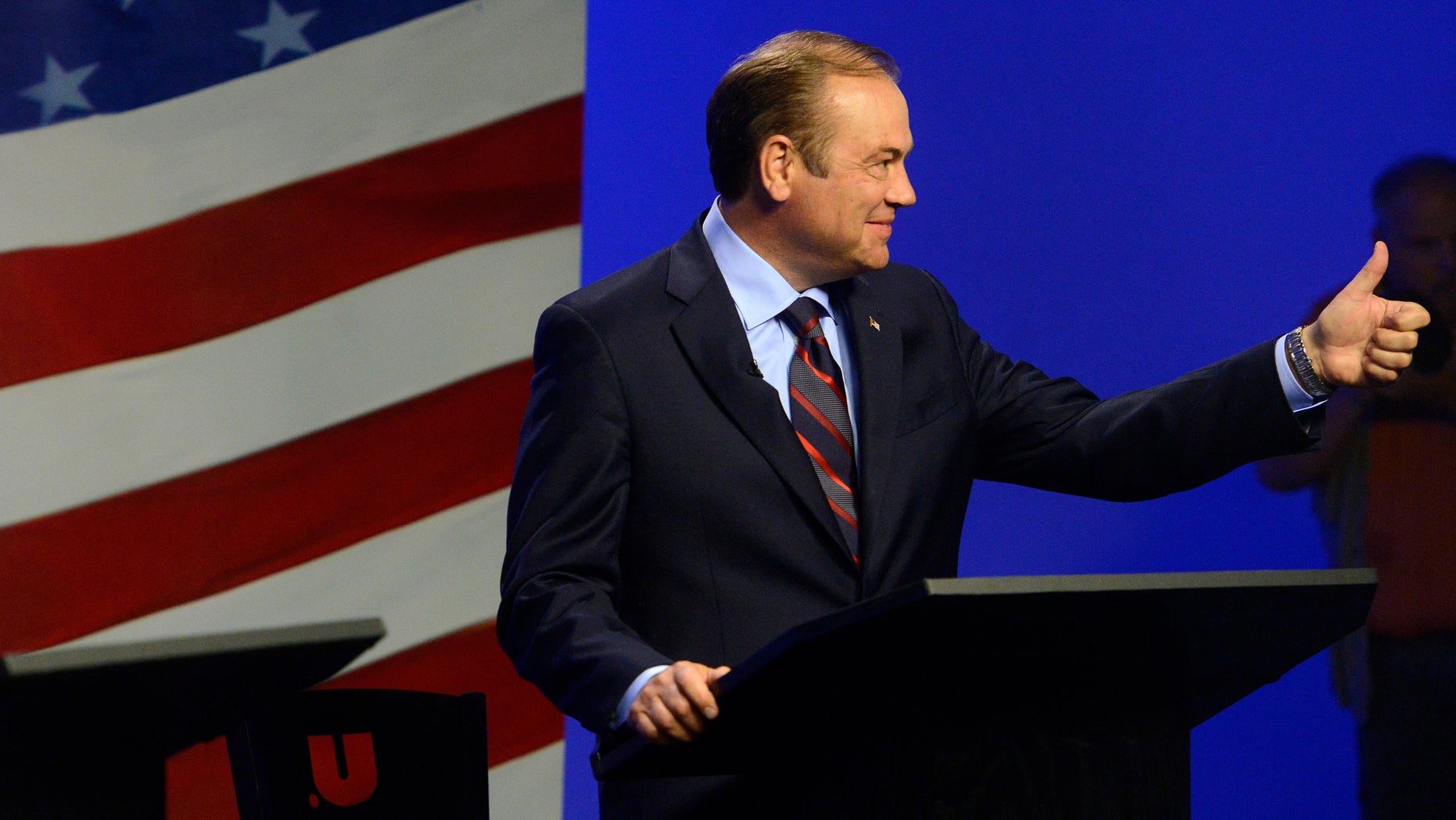 Oct. 23, 2014: Democratic candidate Rick Weiland gives a thumbs up before a televised U.S. Senate candidate debate.
