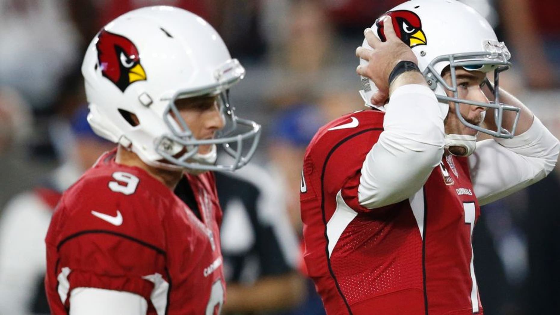 Arizona Cardinals kicker Chandler Catanzaro (7) reacts to missing a game-winning field goal as punter Ryan Quigley (9) looks on attempt during overtime of an NFL football game against the Seattle Seahawks, Sunday, Oct. 23, 2016, in Glendale, Ariz. The game ended in overtime in a 6-6 tie. (AP Photo/Ross D. Franklin)