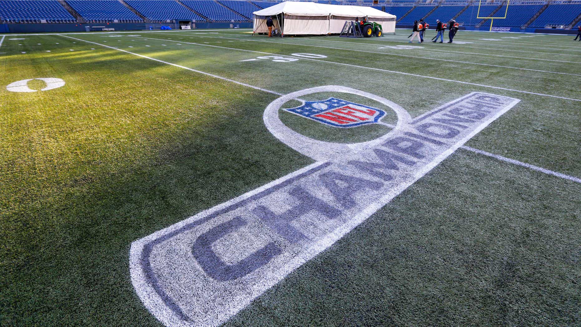 Jan. 14, 2015: A freshly painted NFL football Championship logo is shown at CenturyLink Field in Seattle.
