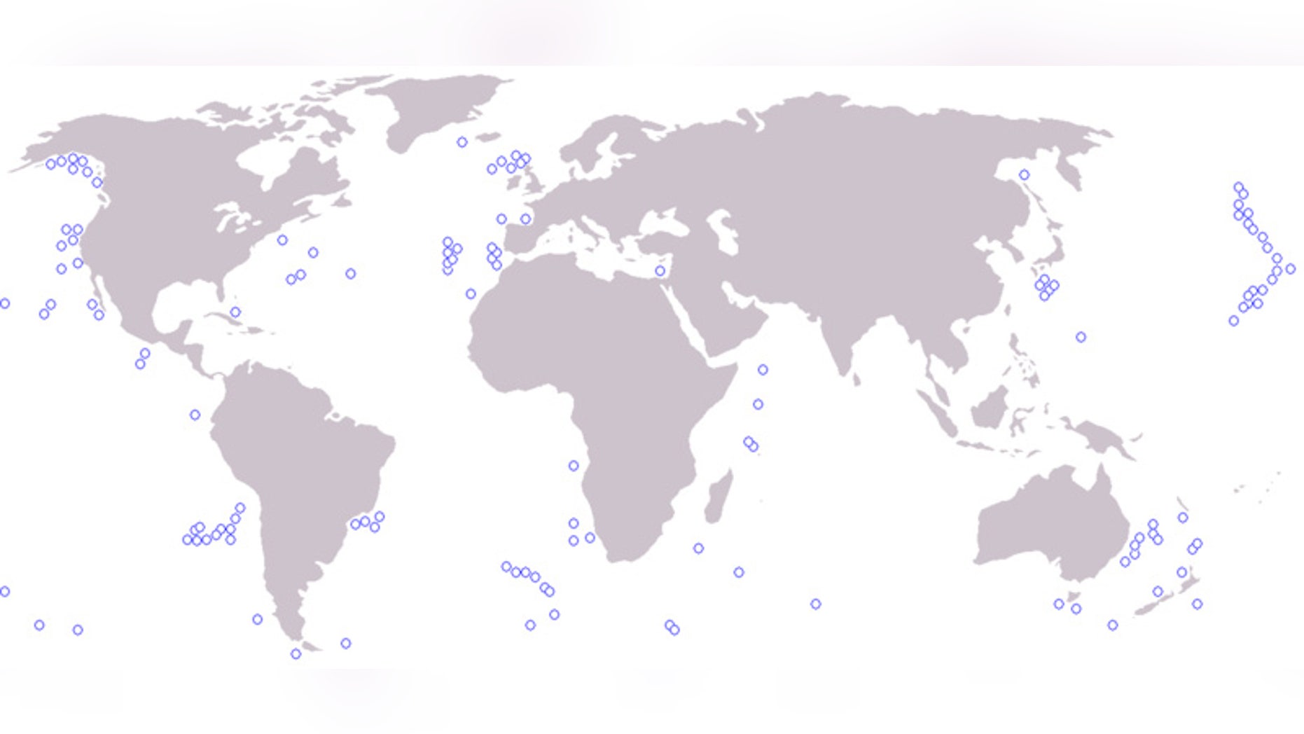 A partial mapping of some of the world's major seamounts