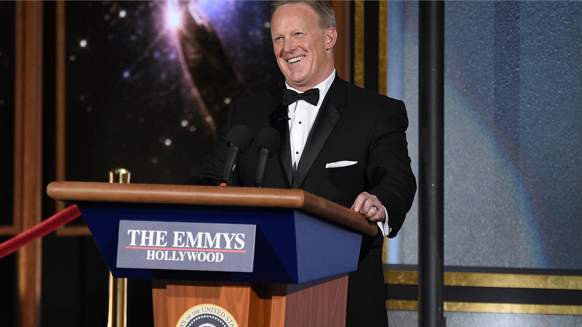 Sean Spicer speaks at the 69th Primetime Emmy Awards on Sunday, Sept. 17, 2017, at the Microsoft Theater in Los Angeles.