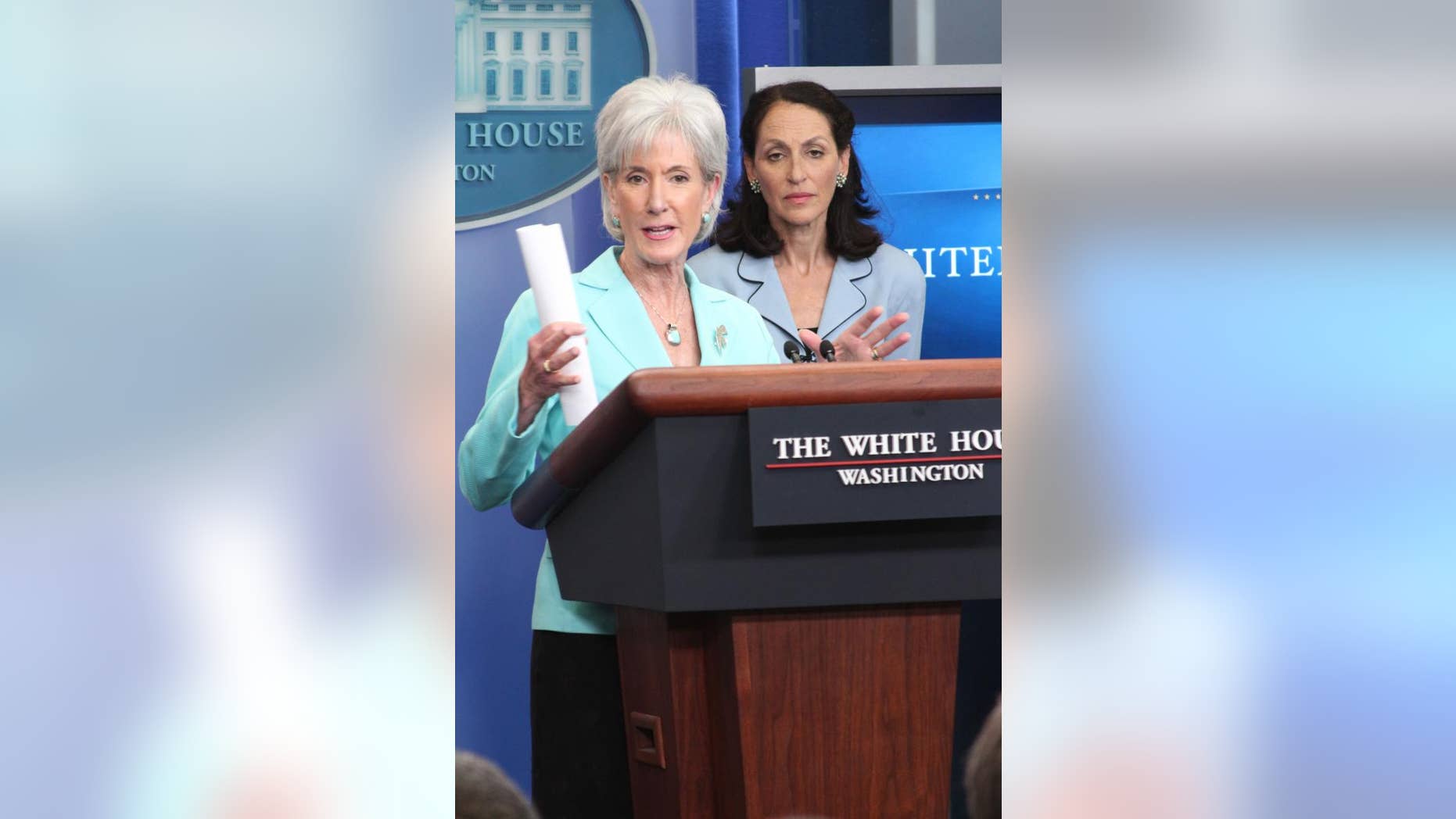 Health and Human Services Sec. Kathleen Sebelius at the White House briefing Tuesday, June 21, 2011. FDA Commissioner Dr. Margaret Hamburg stands behind her. (FOX News Photo)