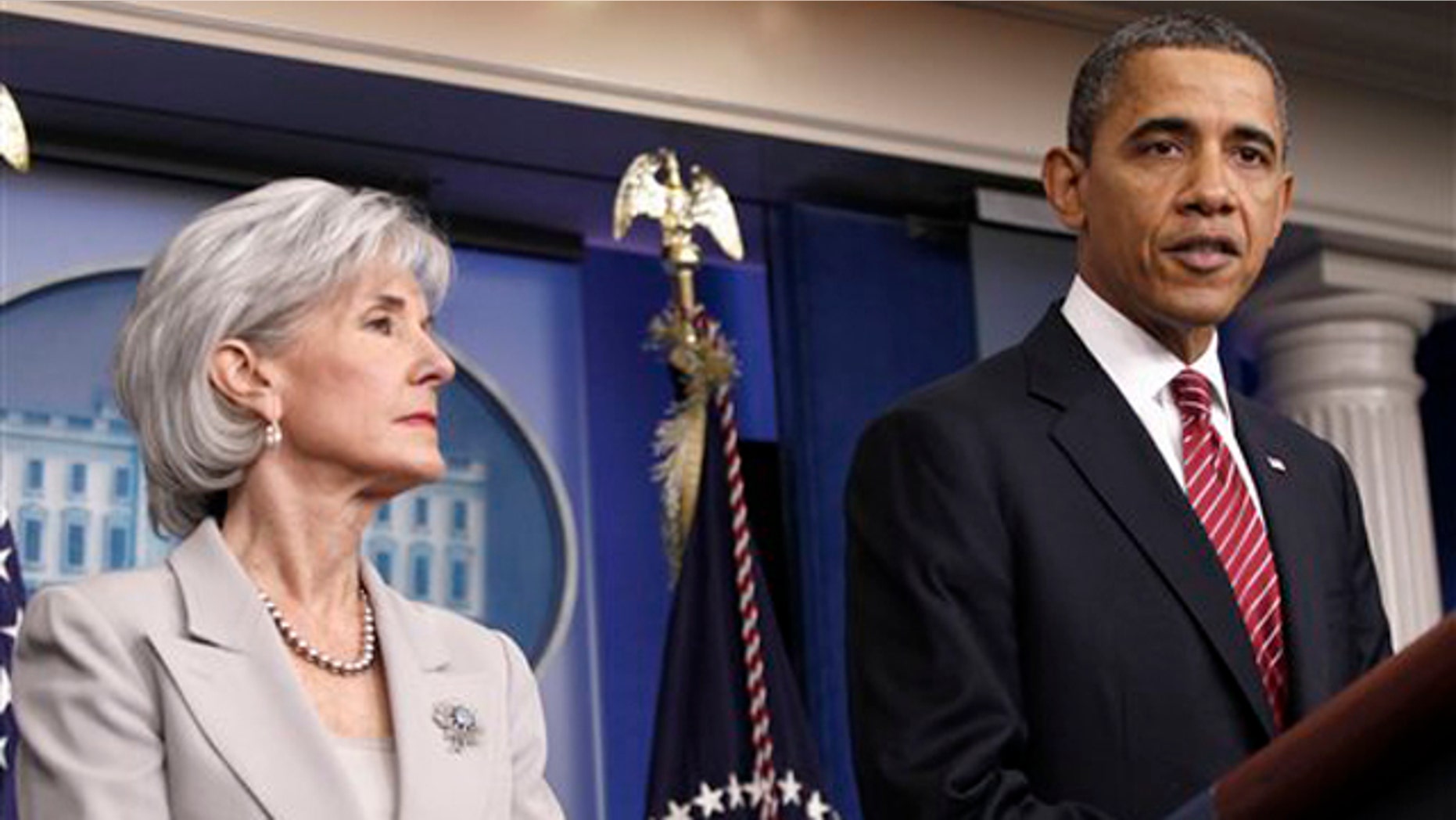 Feb. 10, 2012: President Obama, accompanied by Health and Human Services Secretary Kathleen Sebelius, announces the revamp of his contraception policy at the White House.