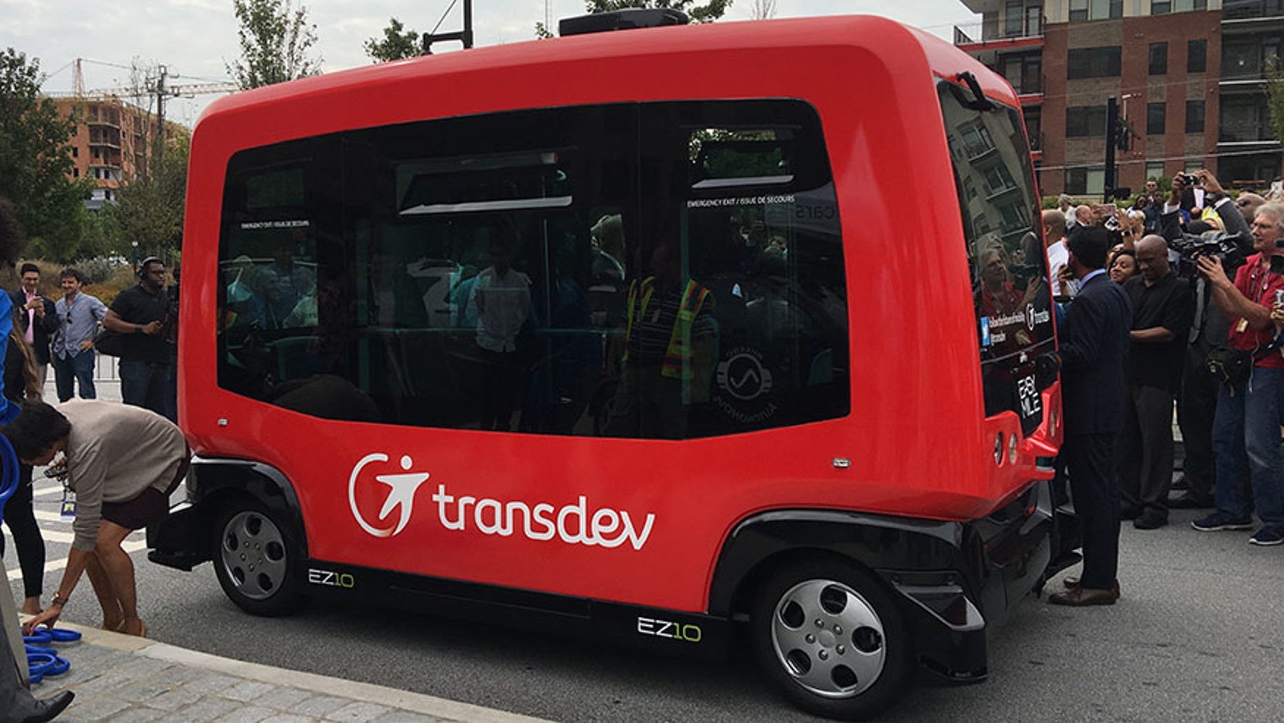 A Transdev EZ10 autonomous vehicle was deployed Thursday, Sept. 14, 2017 at a City of Atlanta Smart City Project launch to demonstrate the city's efforts to employ high-technology sensors and cameras to guide AV's to improve traffic safety. (AP Photo/Johnny Clark)