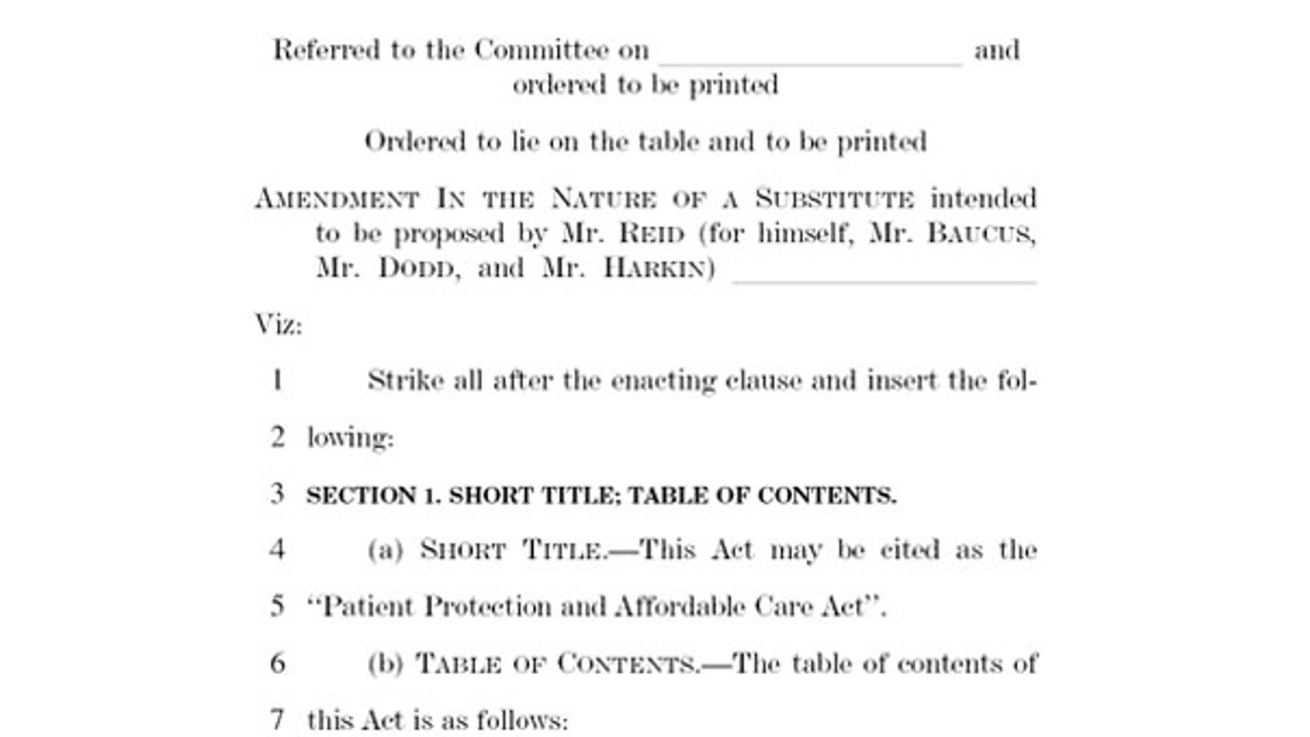 The first of 2,074 pages of the Senate health care bill.