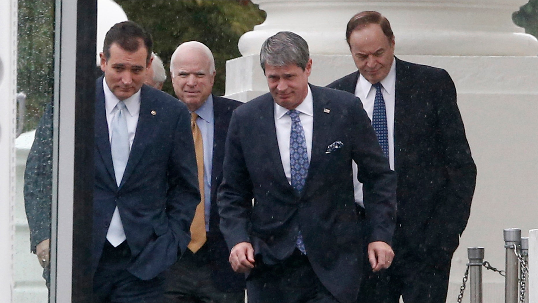 Republican senators, from left, Ted Cruz of Texas, John McCain of Arizona, David Vitter of Louisiana, and Richard Shelby of Alabama, after they met with President Barack Obama regarding the government shutdown and debt ceiling.