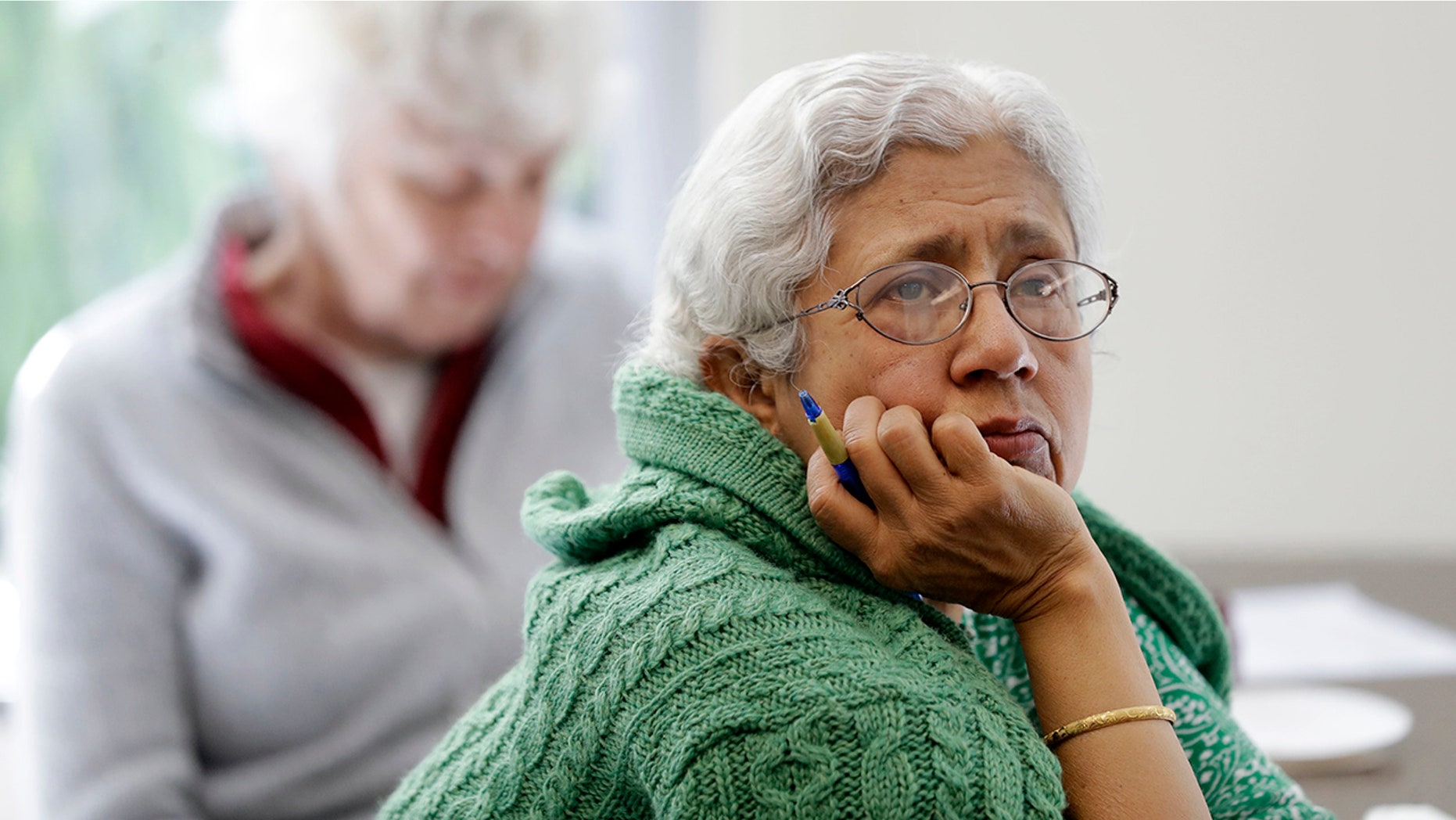 Sara Dhamija, right, listens to a teacher during an anti-bullying class at the 30th Street Senior Center in San Francisco, April 13, 2018.