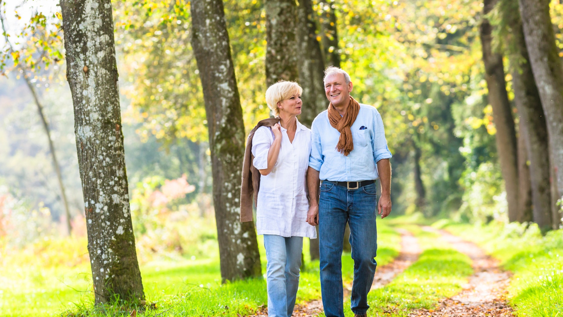 Senior woman and man, a couple, holding hand having walk in the fall forest