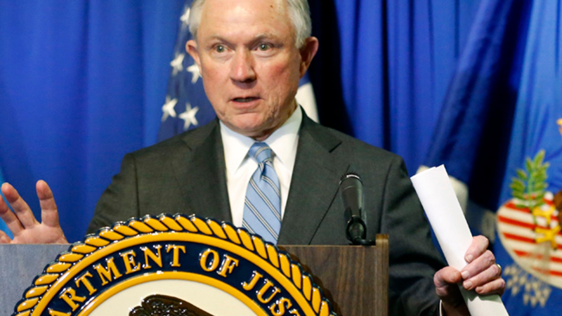 Attorney General Sessions speaks after he and Homeland Security Secretary John Kelly toured the ports of entry and met with Department of Justice and DHS personnel in El Paso, Texas, Thursday, April 20, 2017. (Ruben R. Ramirez/The El Paso Times via AP)