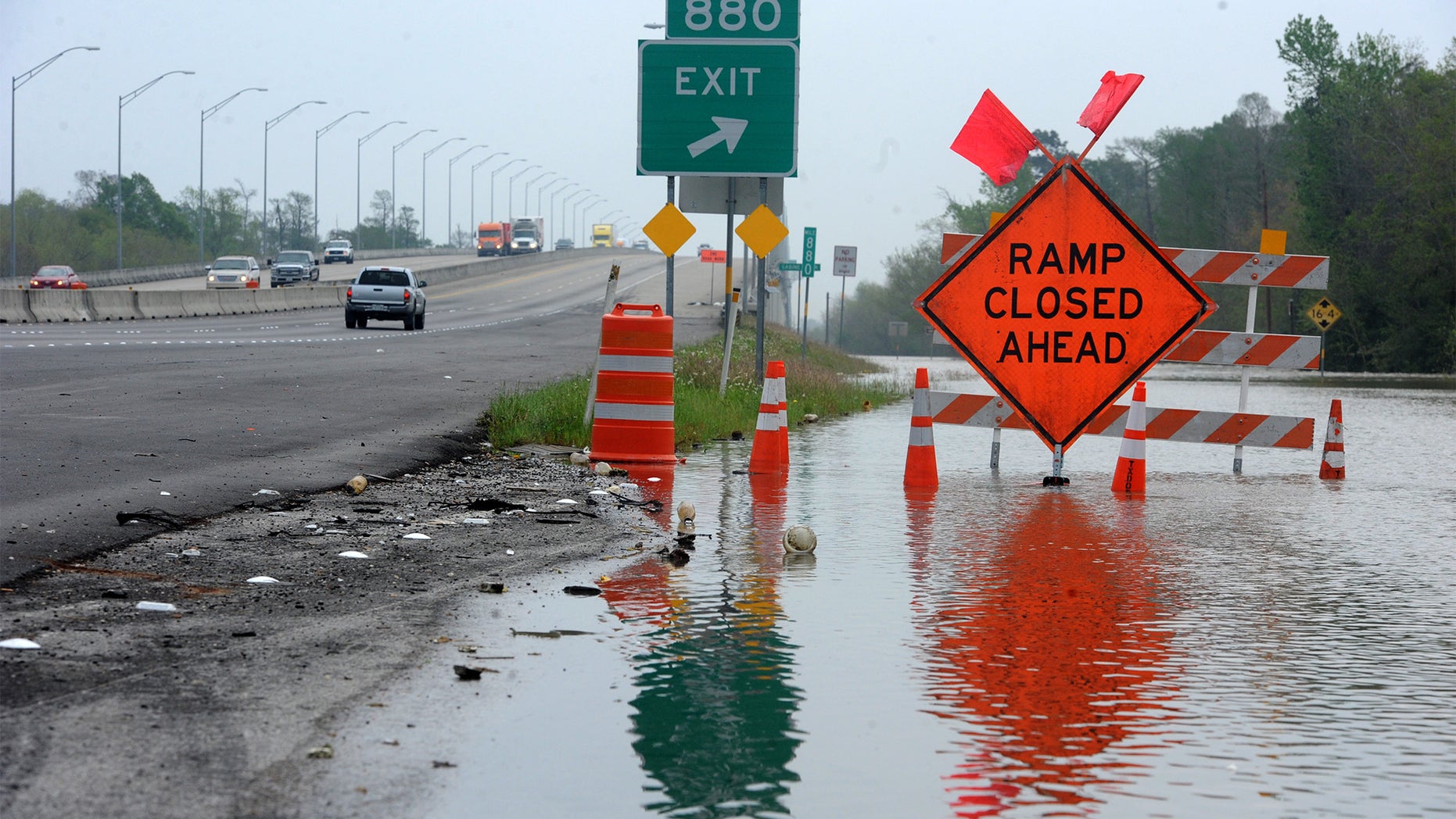 Floodwaters build up along Interstate 10 near Orange, Texas.