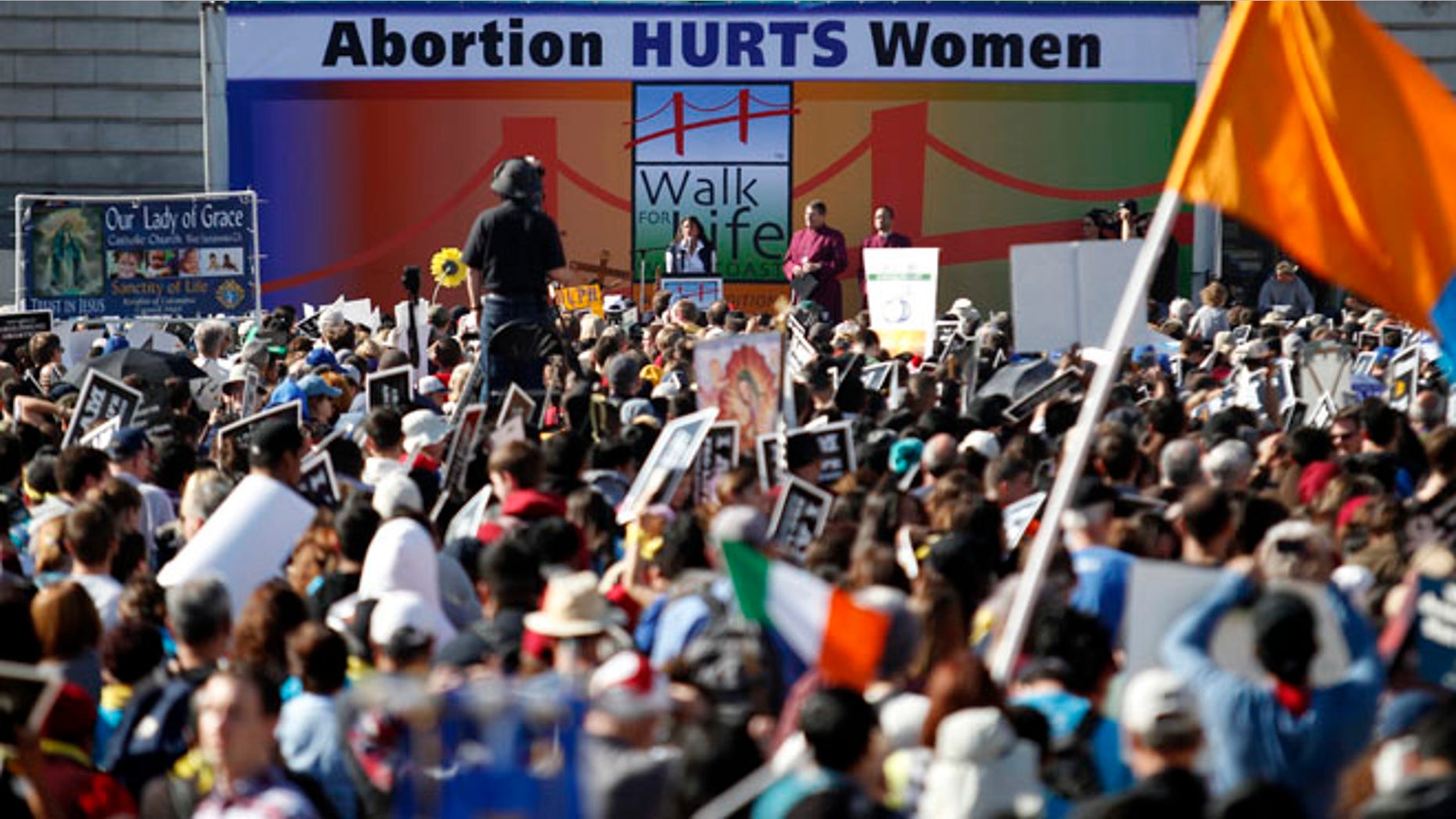 Jan. 25, 2014: Abortion opponent Georgette Forney speaks at the "Walk for Life" rally and march in San Francisco.