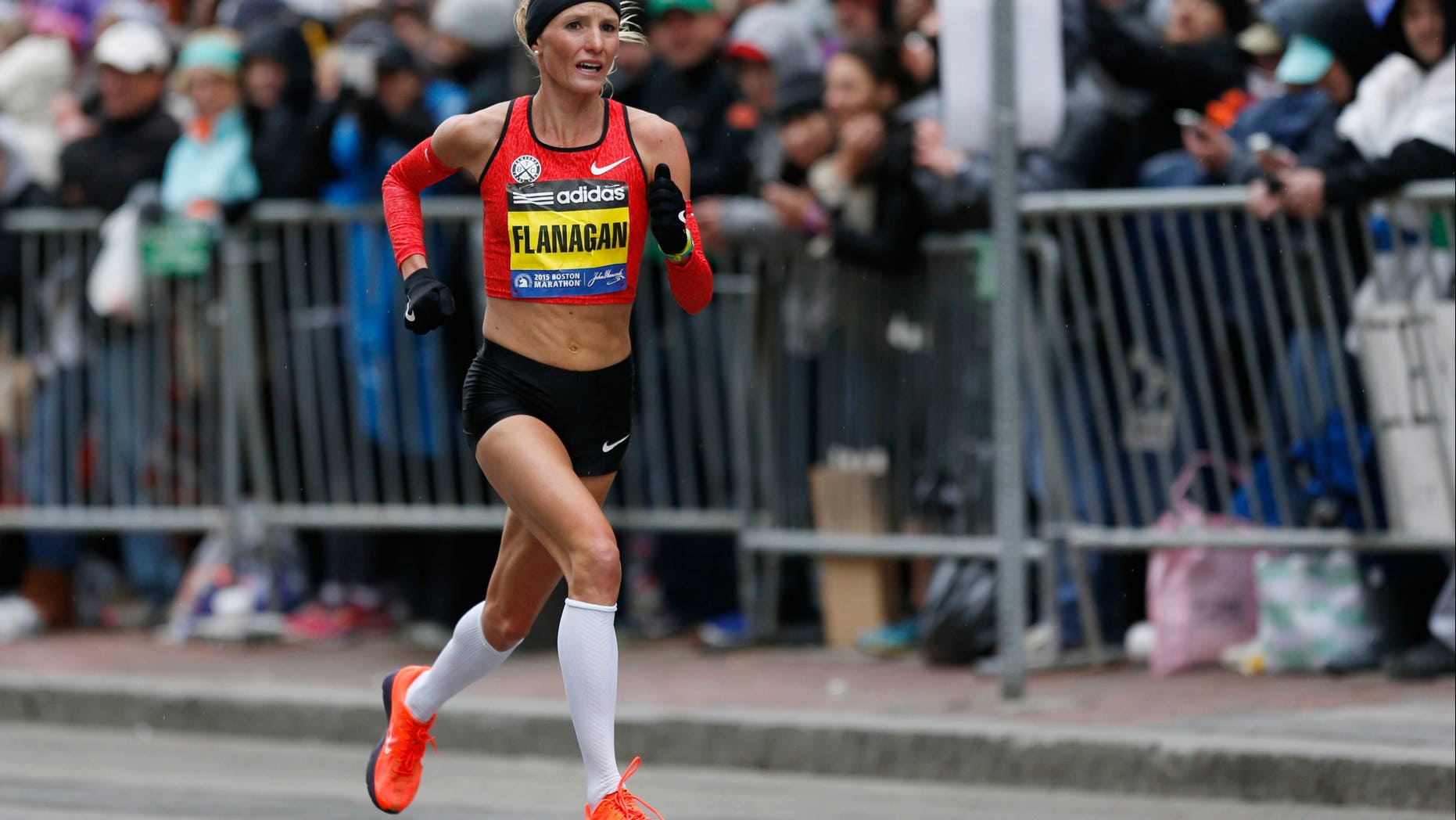Apr 20, 2015; Boston, MA, USA; Shalane Flanagan (USA) near the finish line during the 2015 Boston Marathon.