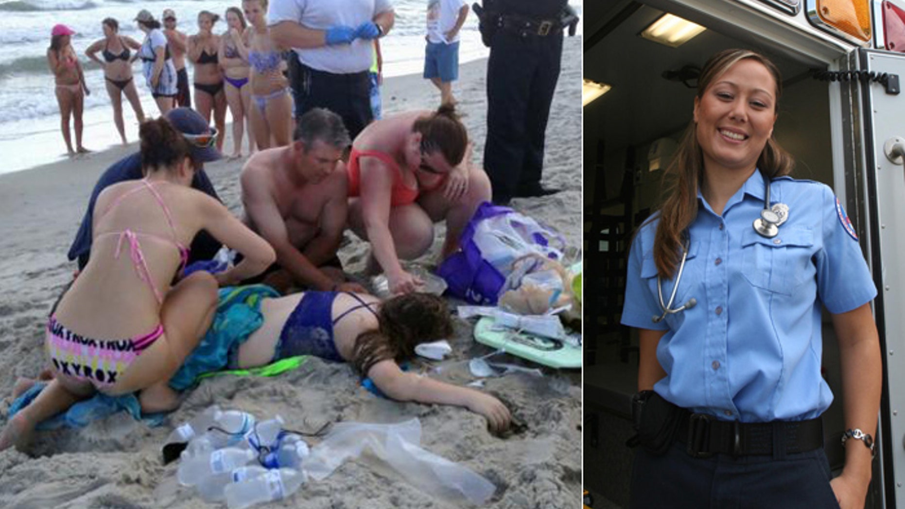 Marie Hildreth, right, a paramedic from Charlotte, is seen applying a makeshift tourniquet to the leg of 12-year-old shark attack victim Kiersten Yow, left.
